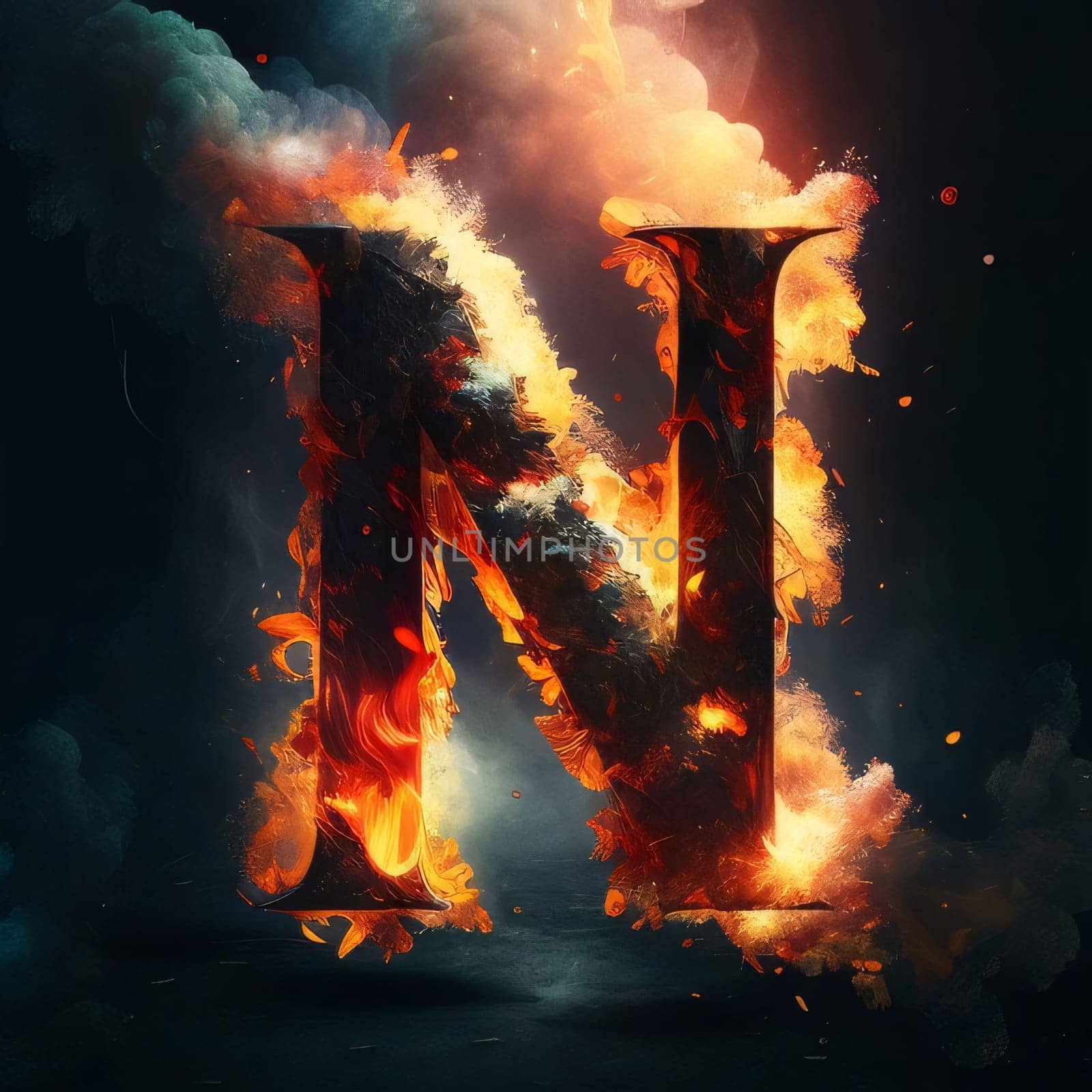 Graphic alphabet letters: Burning letter N on a dark background. 3D illustration.