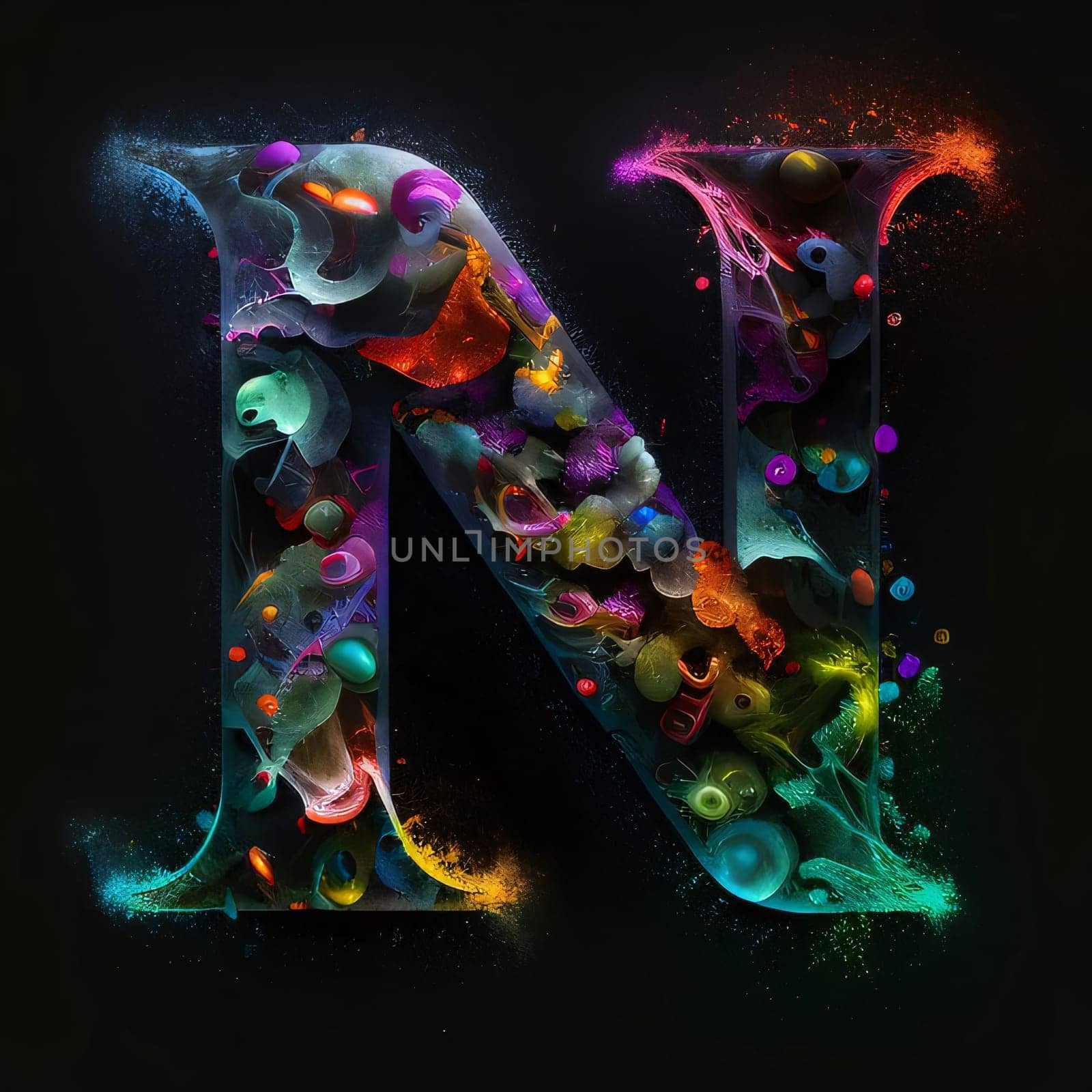 Graphic alphabet letters: Alphabet letter N filled with colorful paint splashes isolated on black background