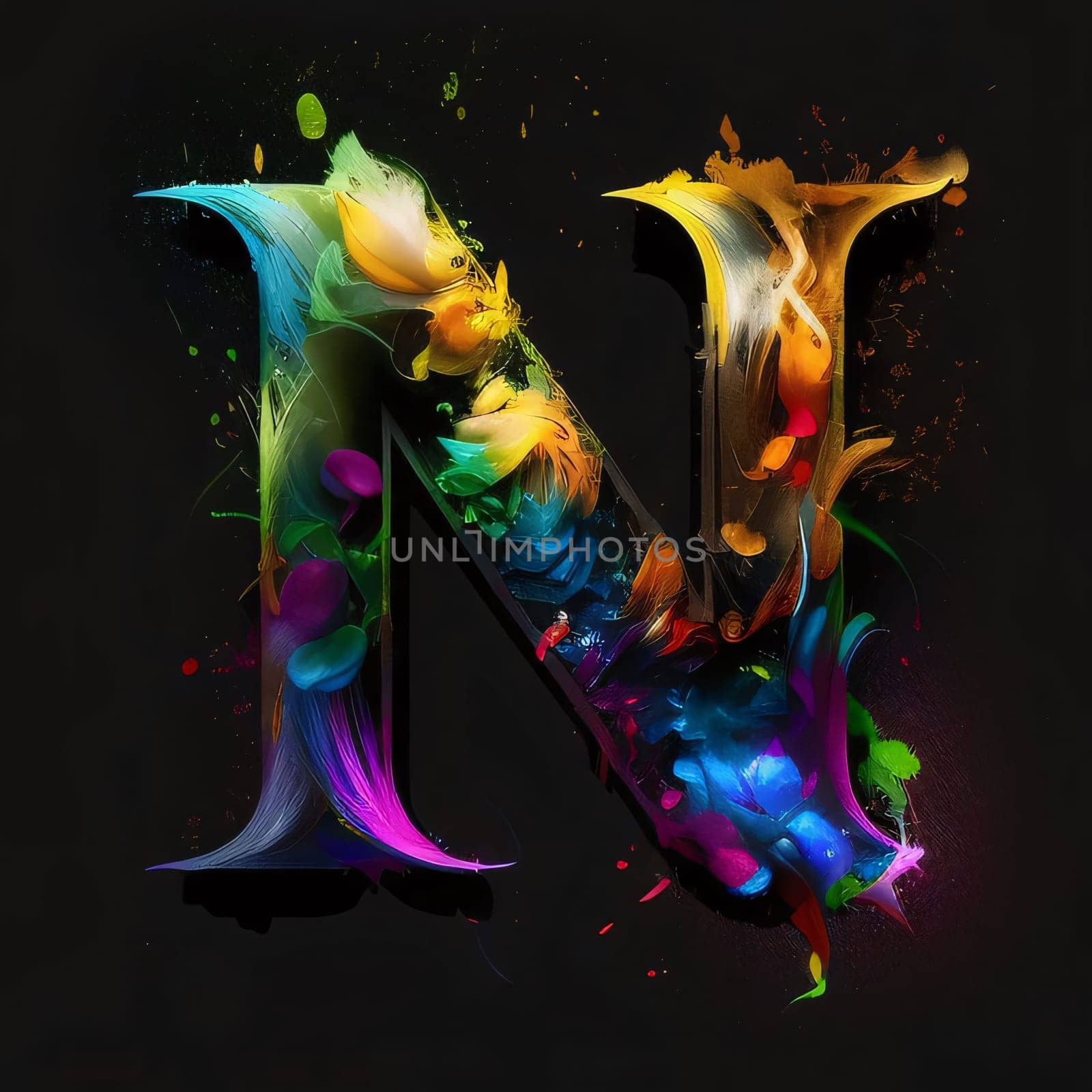 Graphic alphabet letters: Colorful artistic paint splashes letter N on black background. 3d rendering