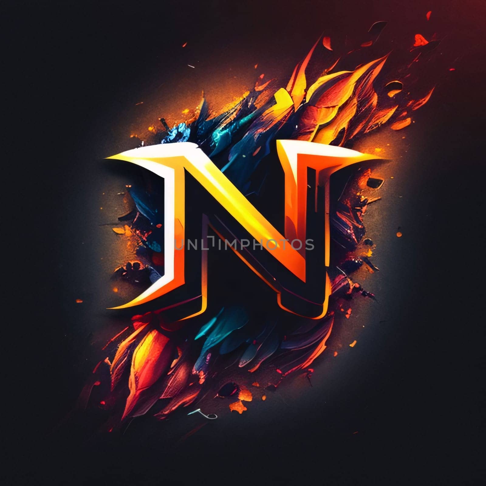 Graphic alphabet letters: Letter N of the alphabet surrounded by fire flames on a black background.