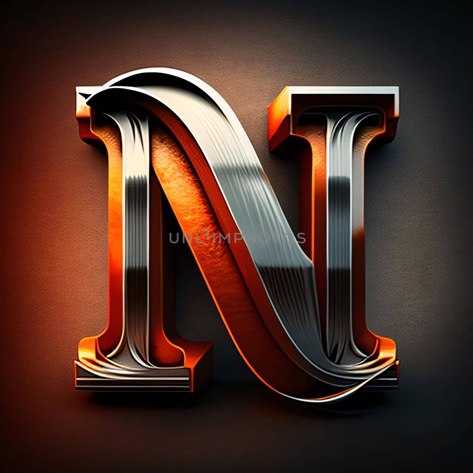 Graphic alphabet letters: Metal letter N uppercase on dark background. 3d render