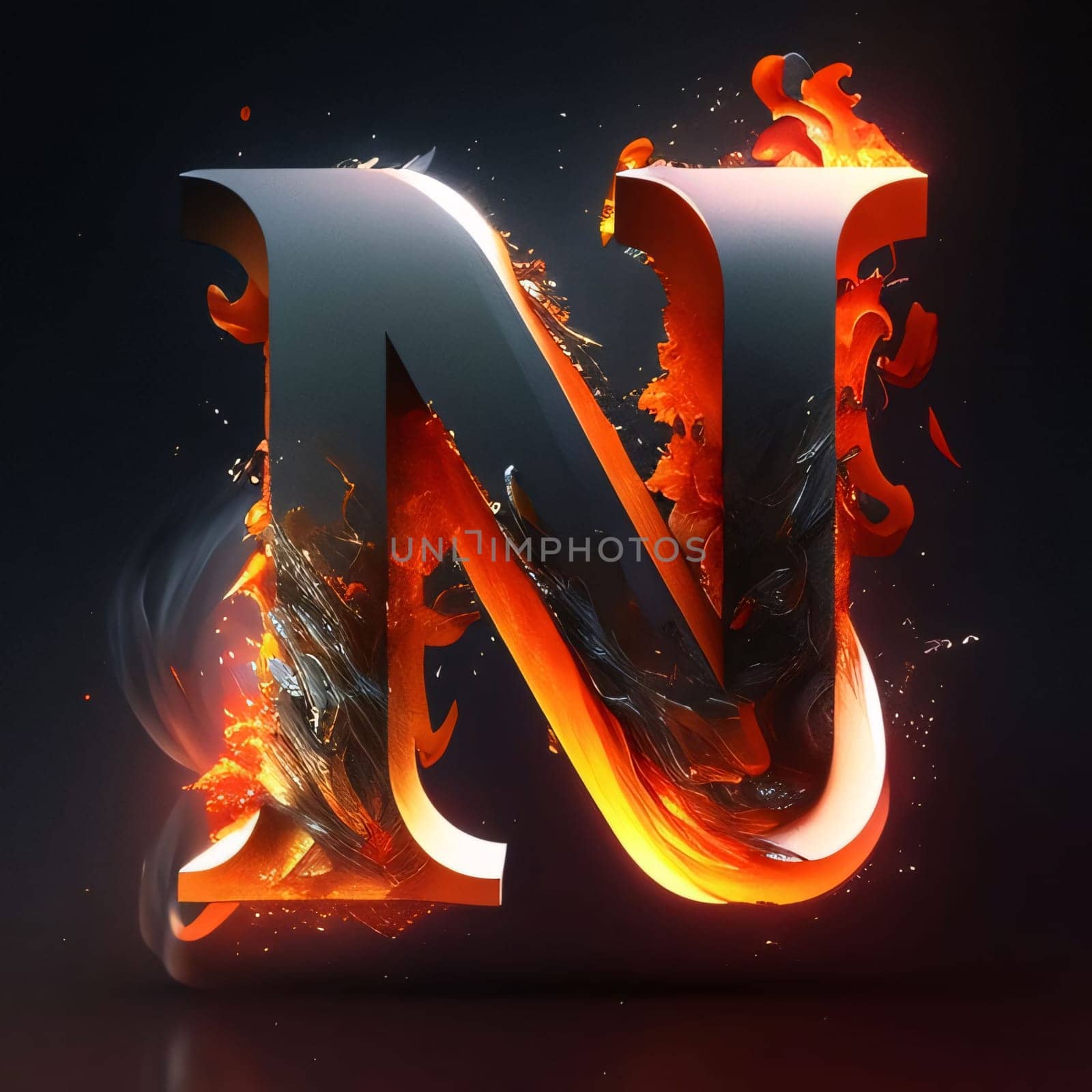 Graphic alphabet letters: Flaming letter N uppercase with flames isolated on black background