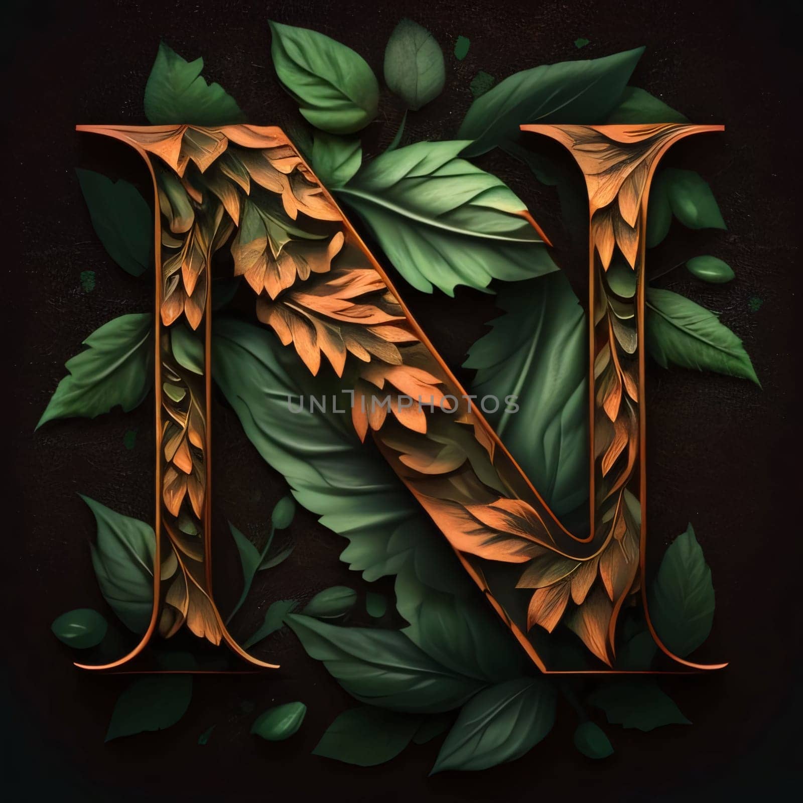 Graphic alphabet letters: Vintage capital letter N decorated with leaves. 3d render.