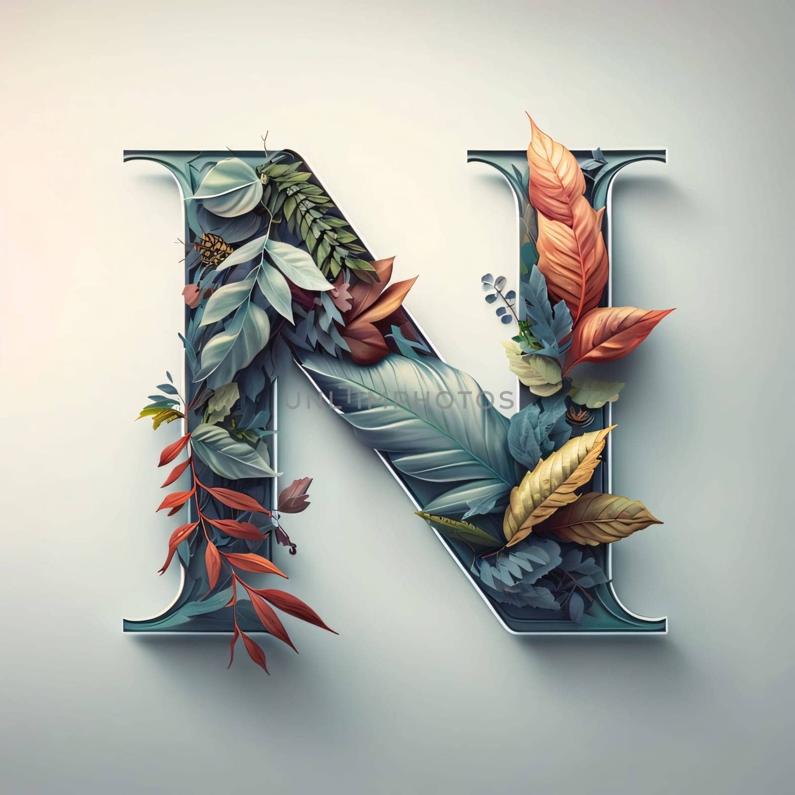 Graphic alphabet letters: Letter N made of leaves. 3D illustration. Vintage style.