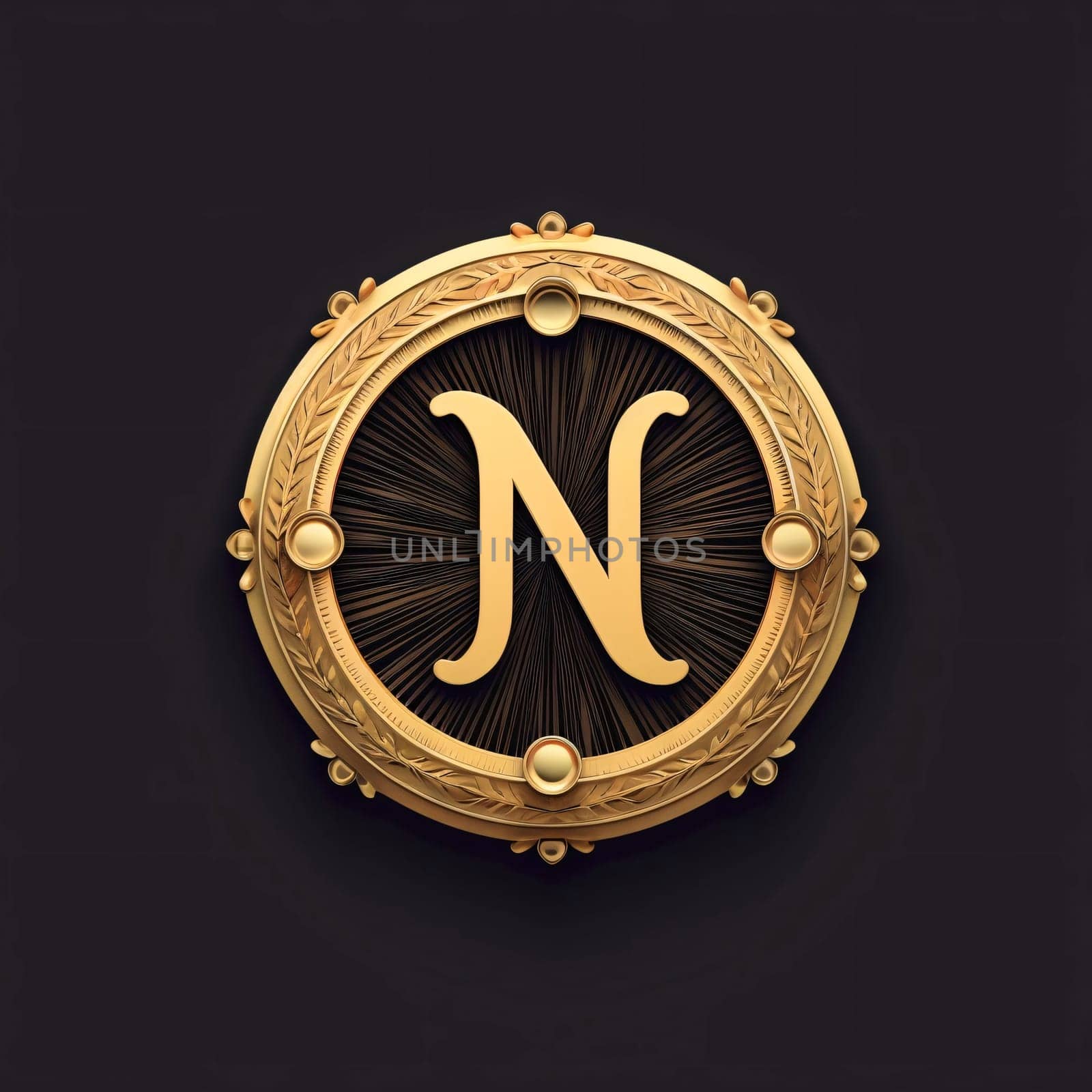 Golden letter N in a round frame on a dark background. Vector illustration by ThemesS