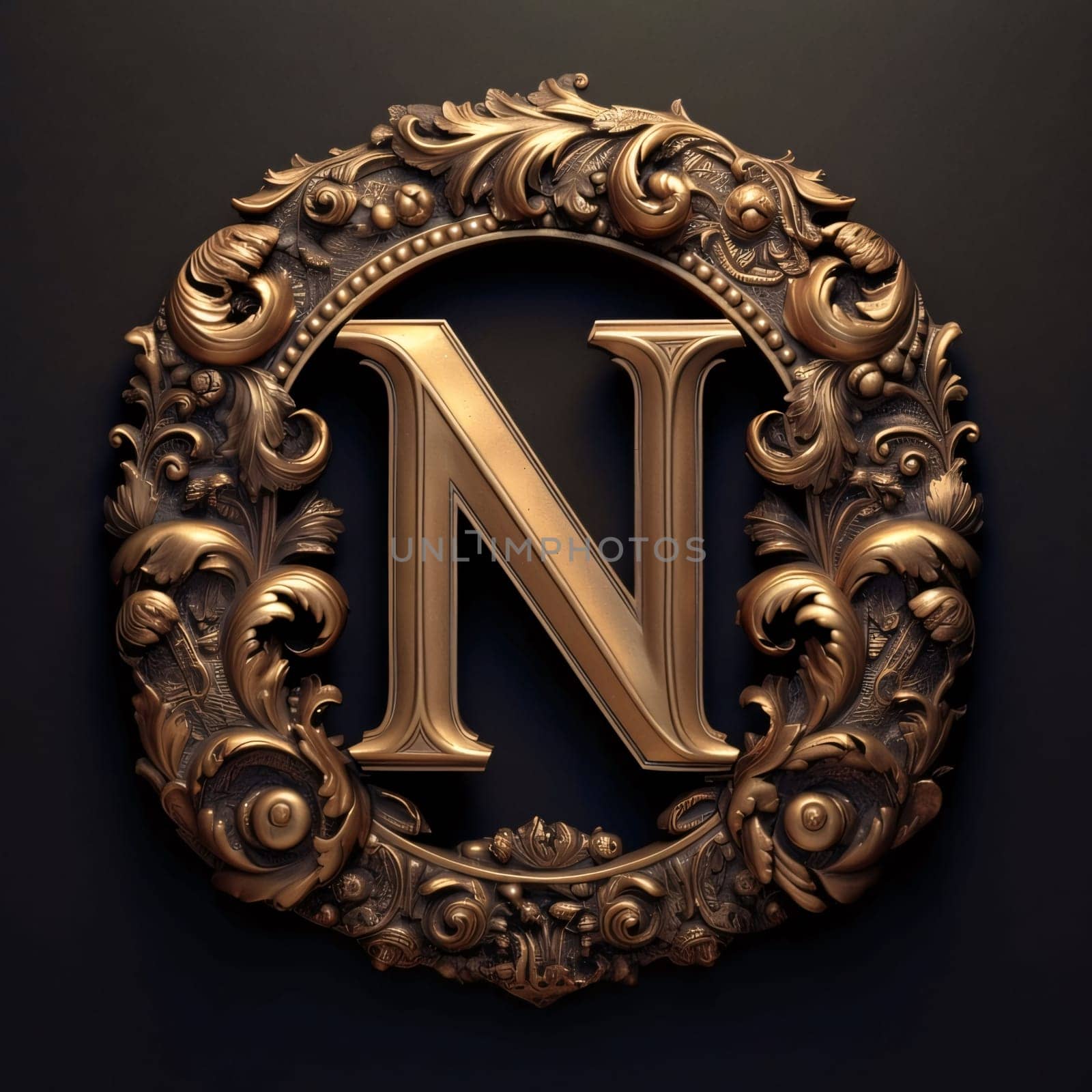 Golden letter N in vintage frame on black background. 3d render by ThemesS