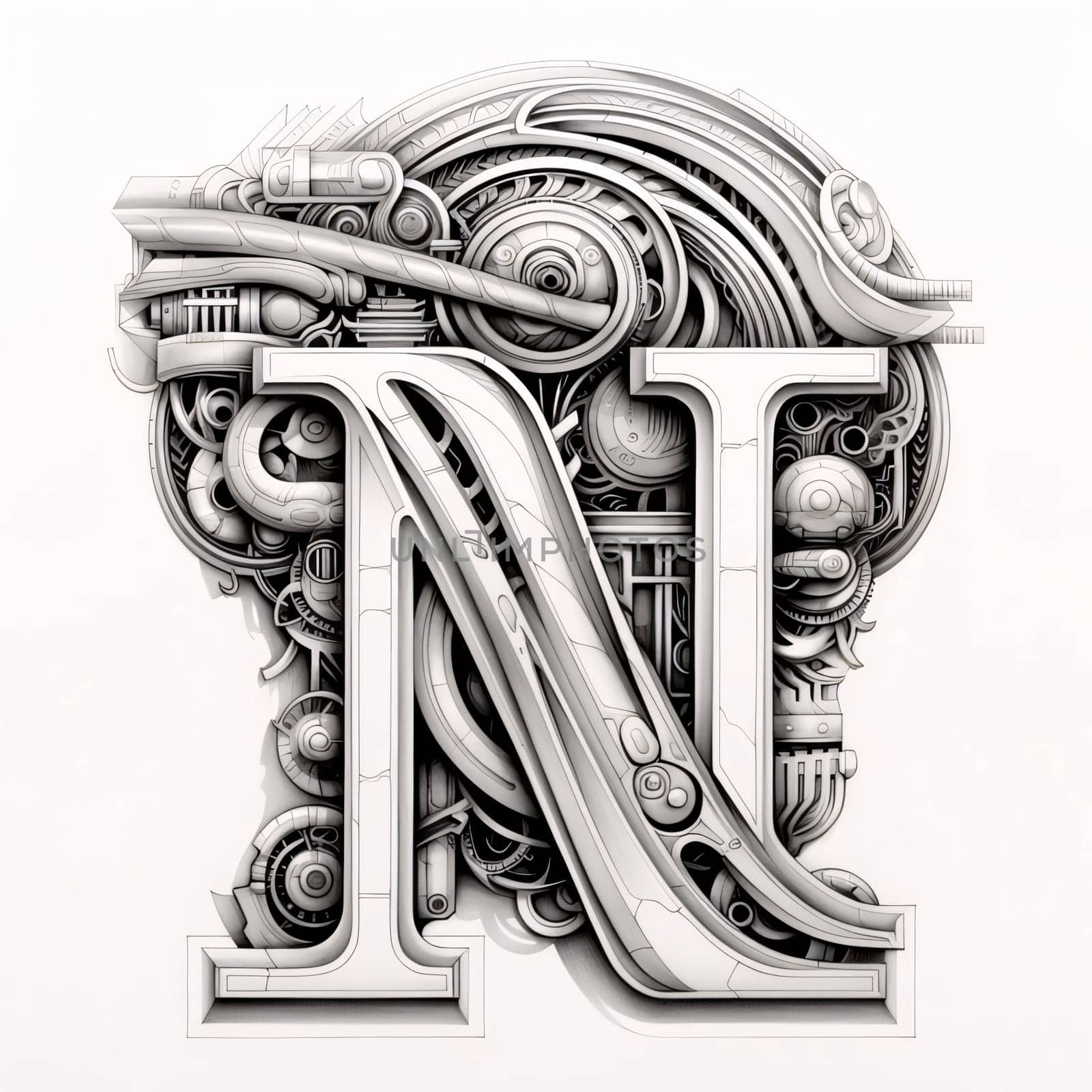 Mechanical alphabet. Letter N. 3d illustration. Technology background by ThemesS