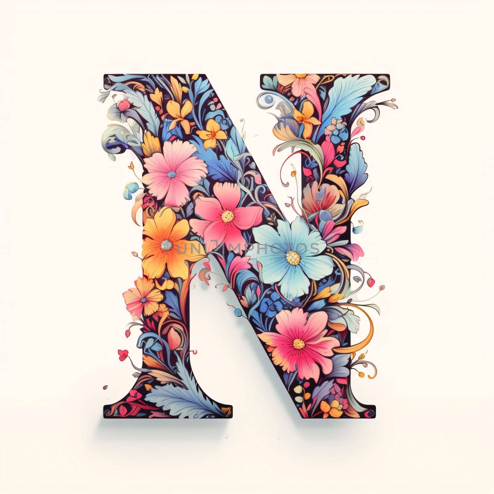 Graphic alphabet letters: Beautiful floral capital letter N, uppercase and lowercase