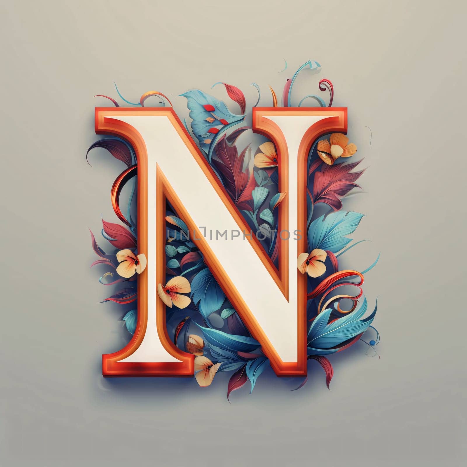 Graphic alphabet letters: Alphabet letter N with floral decoration. 3d vector illustration.