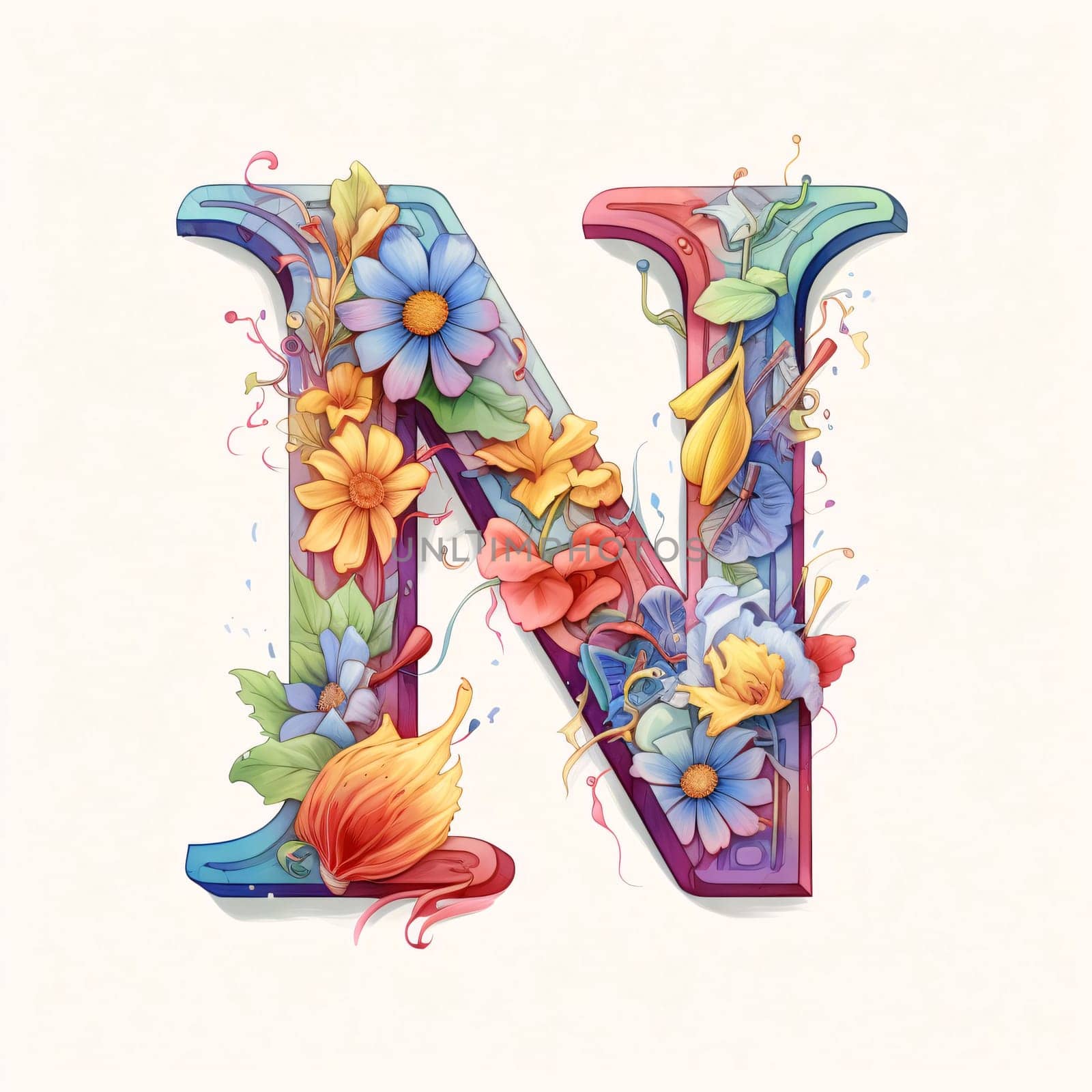 Alphabet N, Colorful font with flowers and leaves, illustration by ThemesS