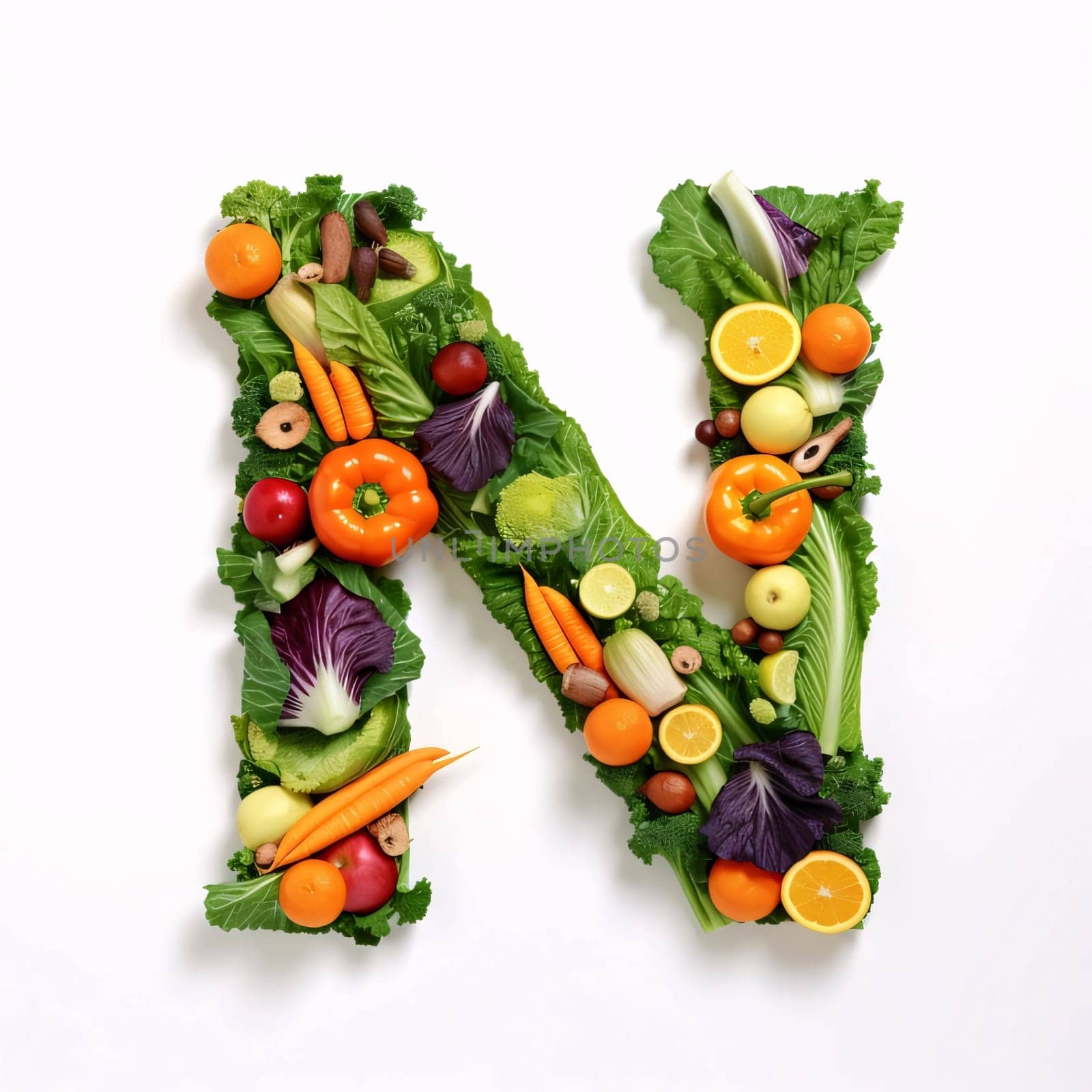 Graphic alphabet letters: Letter N made of fresh vegetables and fruits, isolated on white background