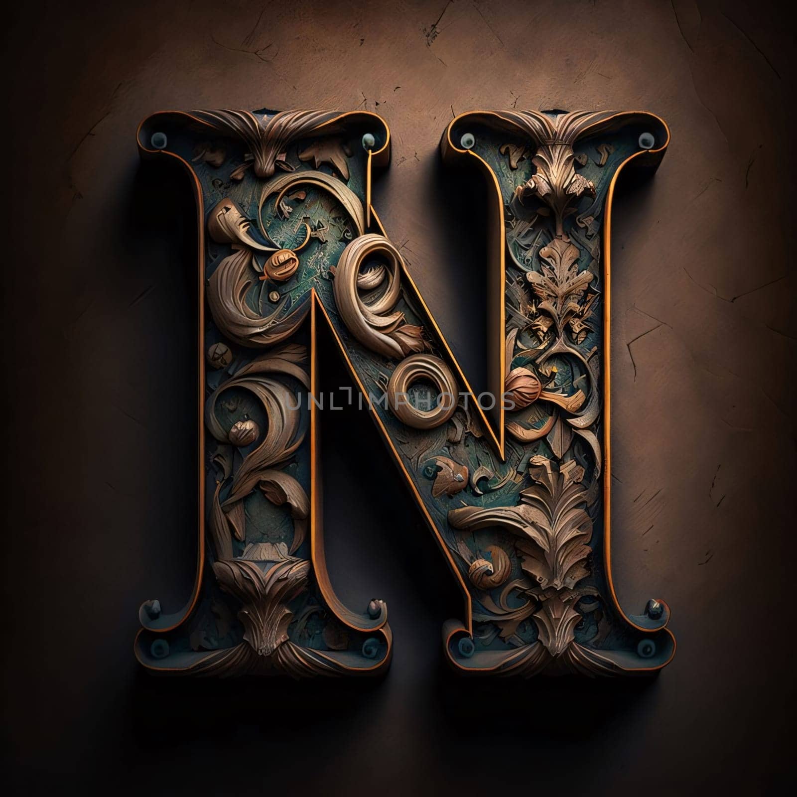 Graphic alphabet letters: Metal letter N. 3D render with ornament on textured background