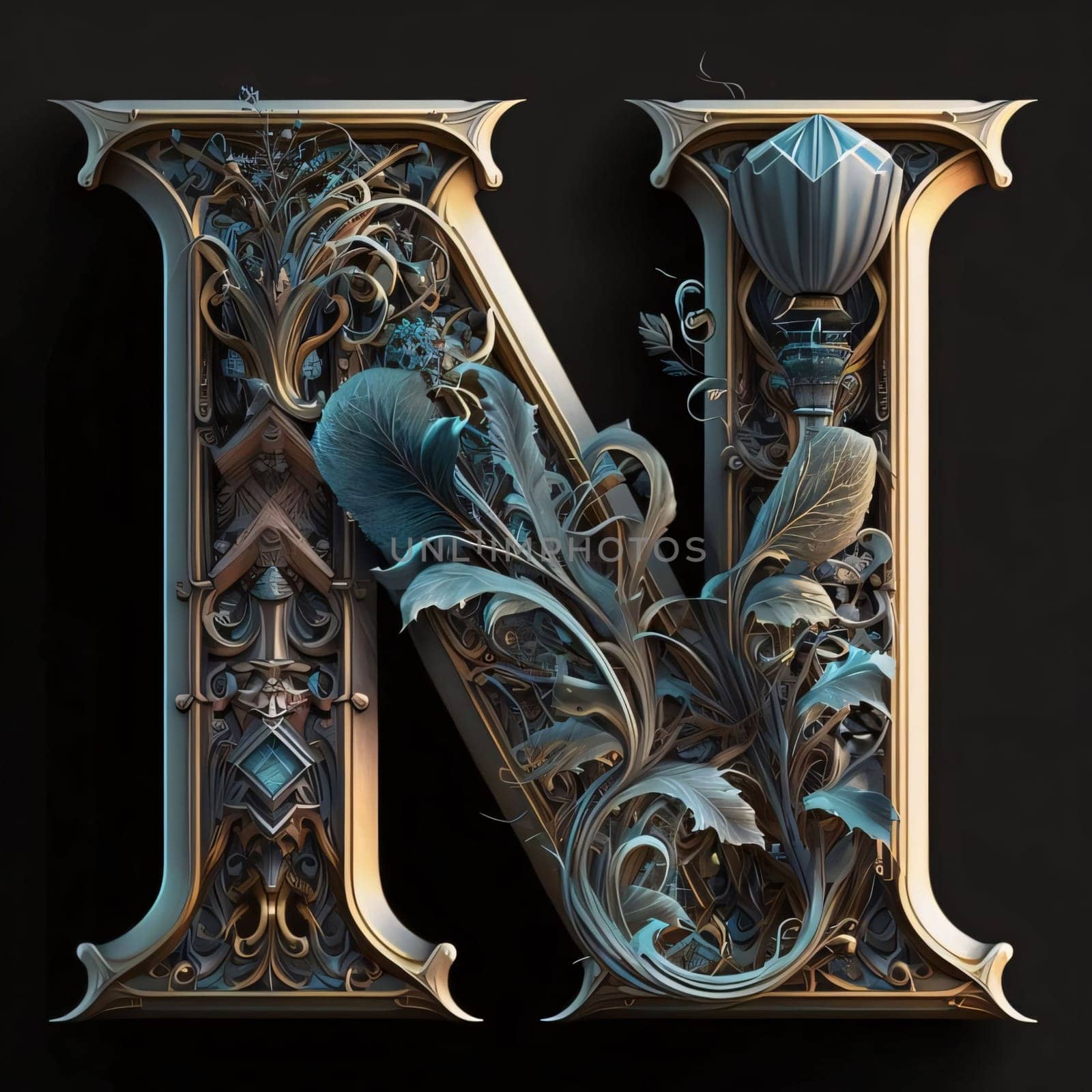 Luxury ornate capital letter N in Victorian style. 3D render by ThemesS