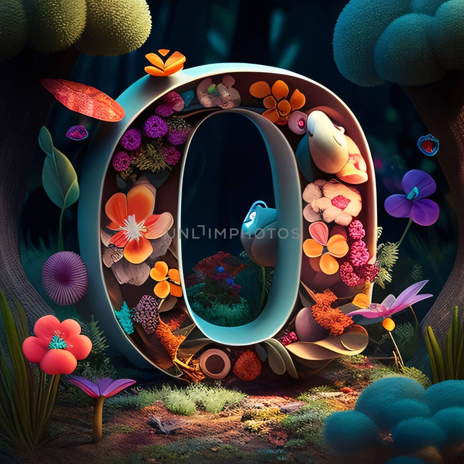 letter O in the forest. 3D render. Computer digital drawing. by ThemesS