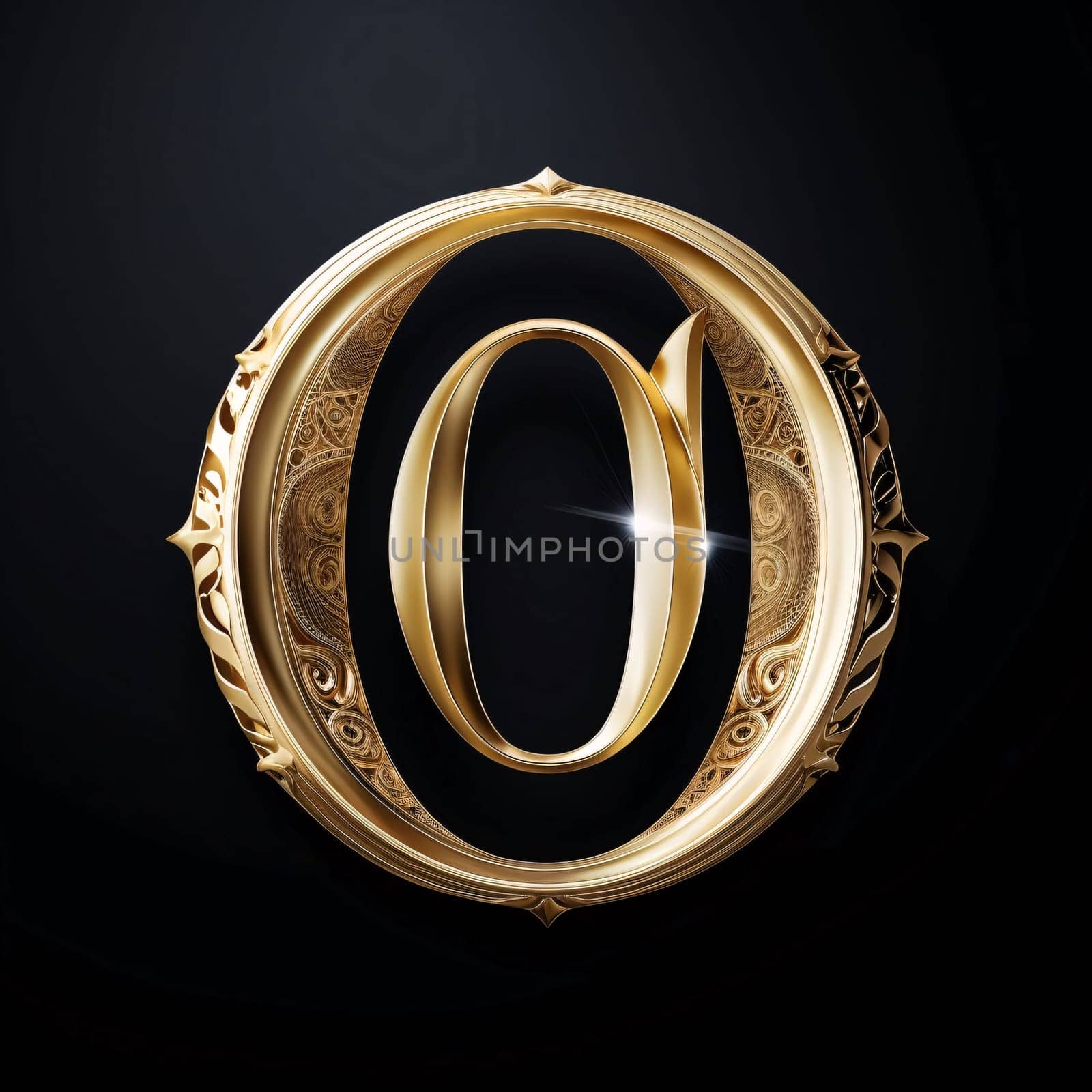 O letter in a golden frame on black background. 3d rendering by ThemesS