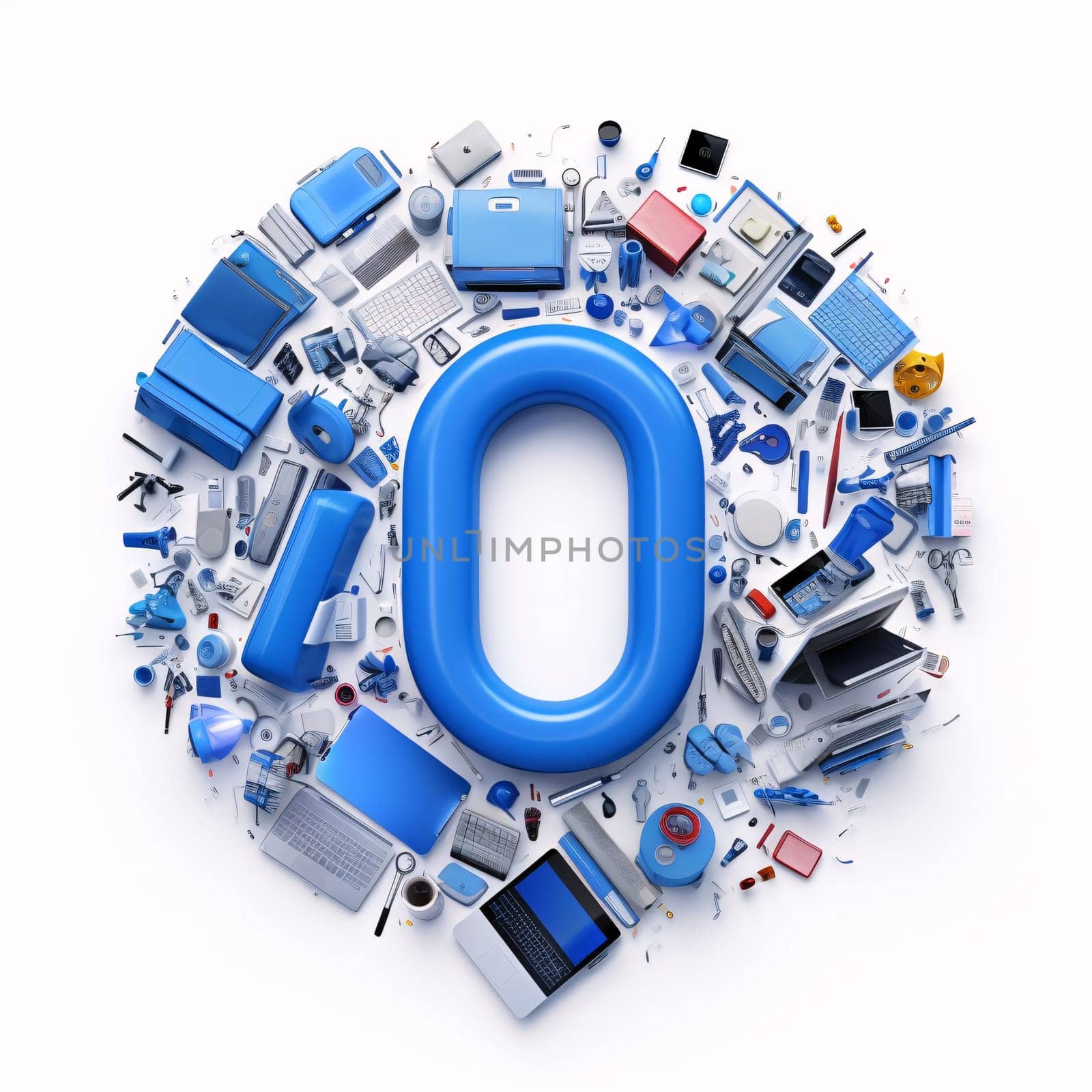 Graphic alphabet letters: letter O in circle made of office objects, 3D rendering isolated on white background