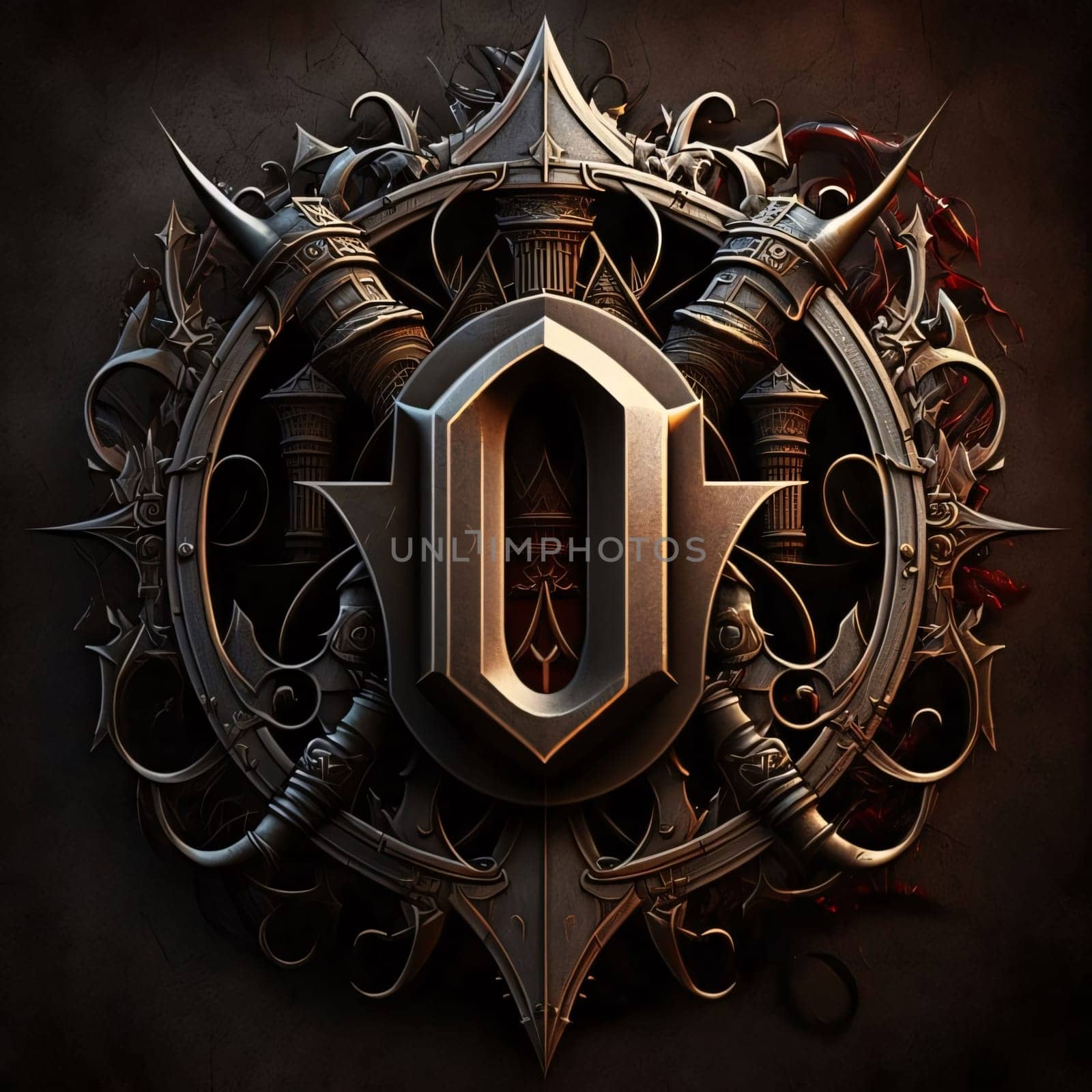 Graphic alphabet letters: Luxury shield with gothic elements. 3D rendering