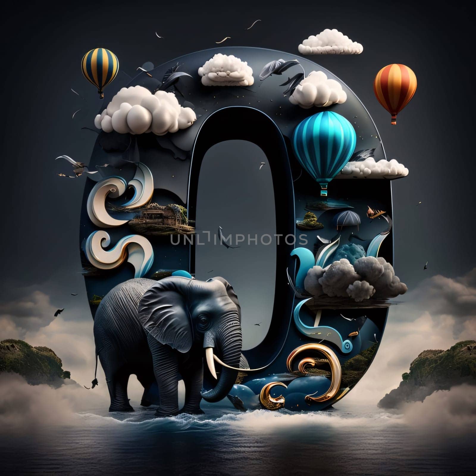 Graphic alphabet letters: Alphabet letter O with elephant and clouds in the sky. 3D rendering