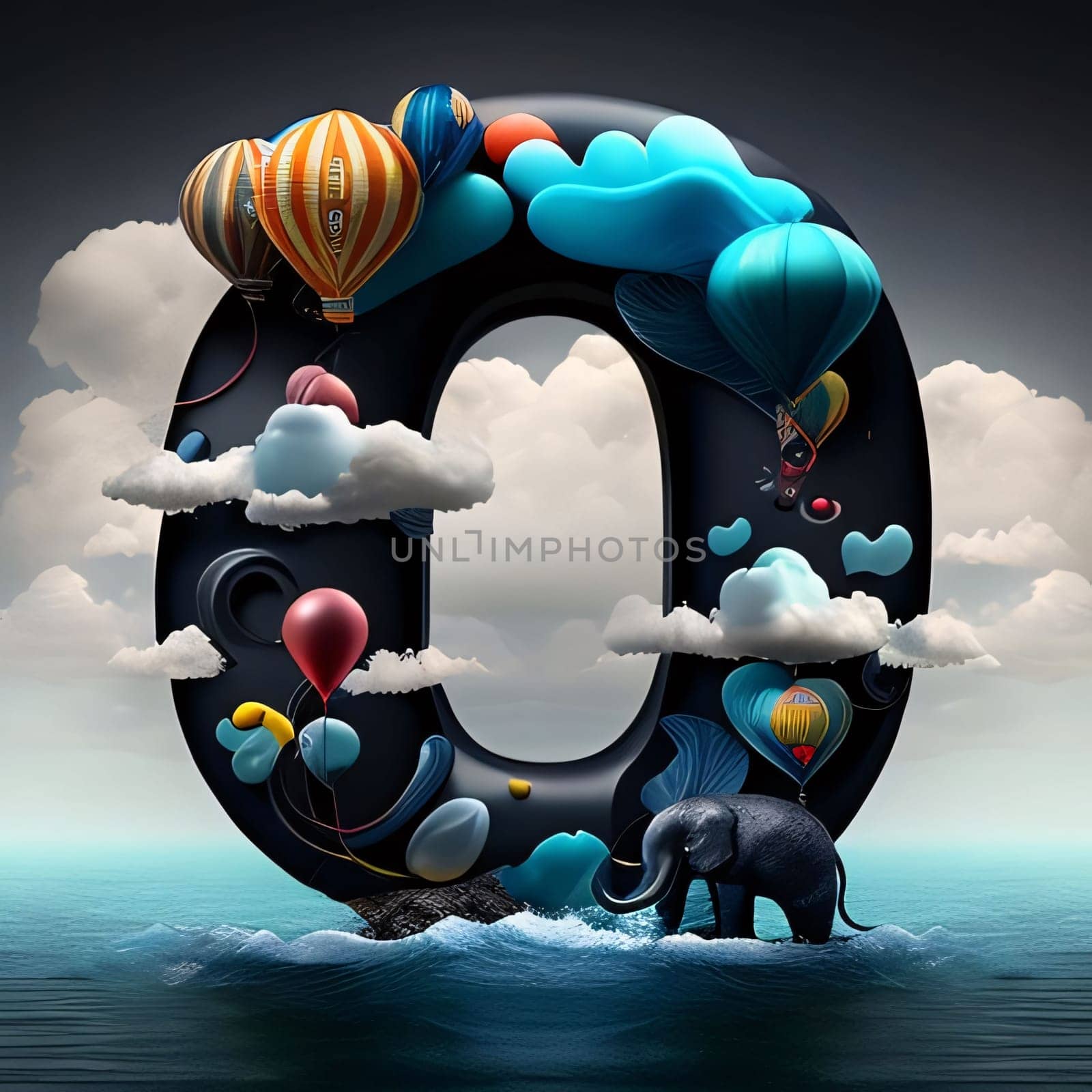 Graphic alphabet letters: letter O made of air balloons and elephant in the sea. 3D rendering