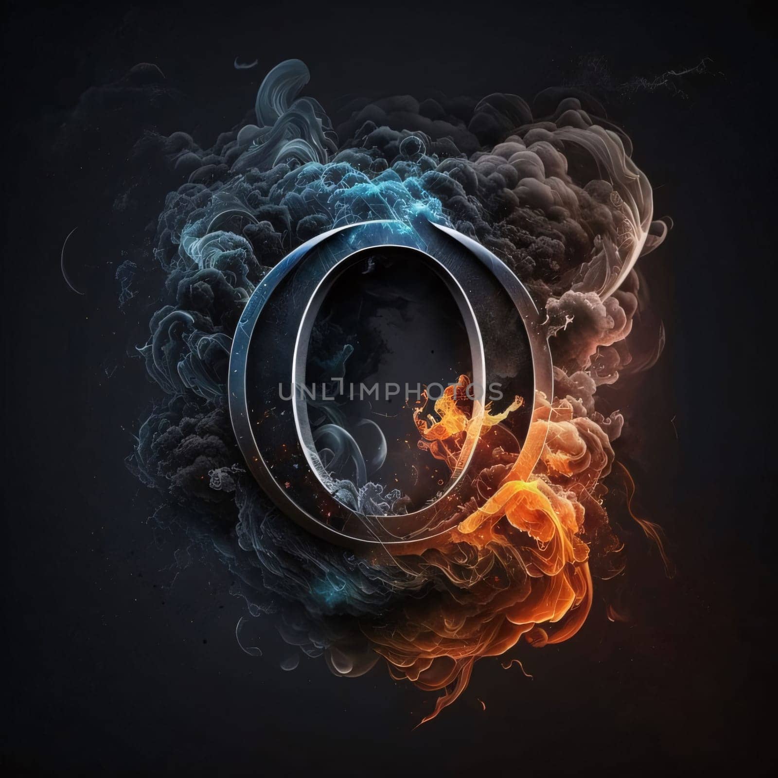 Graphic alphabet letters: Burning letter O in the smoke. Vector illustration. Black background.