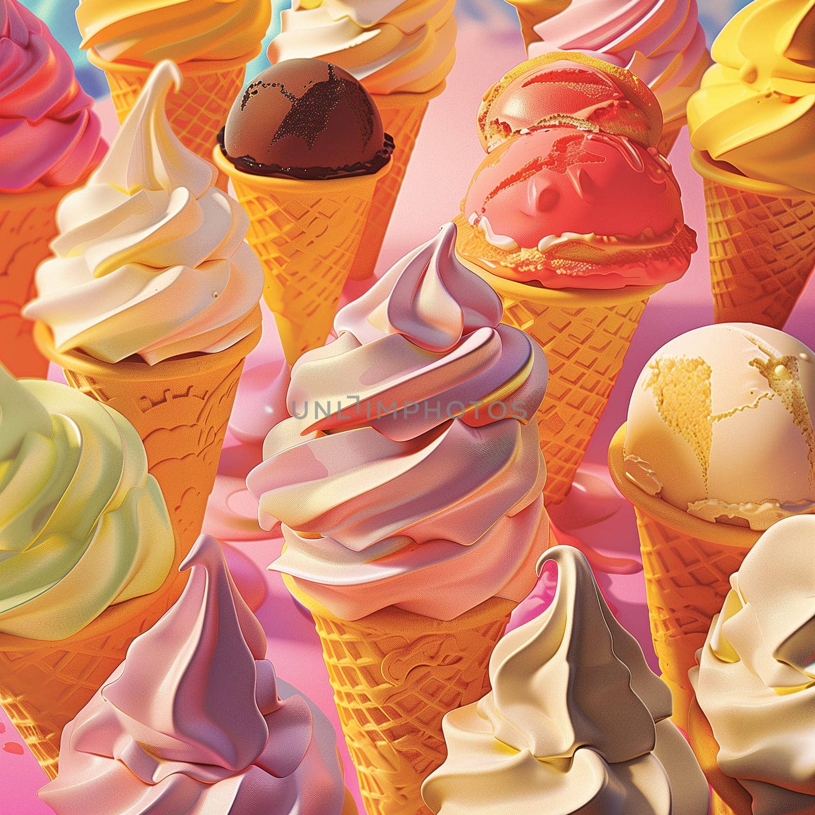 Lots of delicious and beautiful ice cream. Summer dessert. Poster, menu. High quality photo