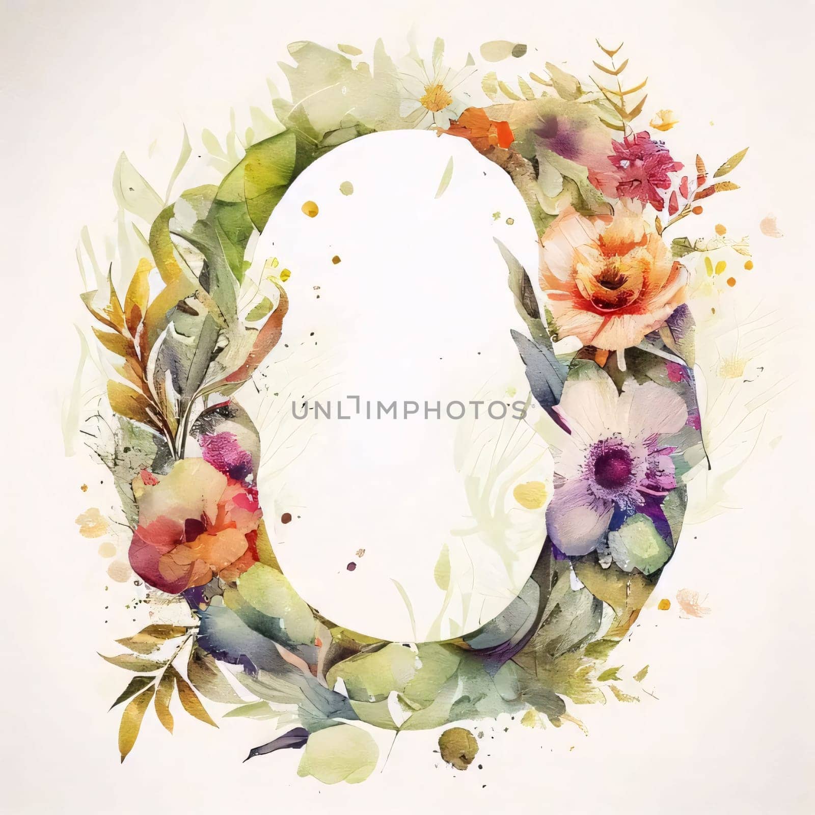 Graphic alphabet letters: Watercolor letter O with flowers. Hand painted floral alphabet. Letter O