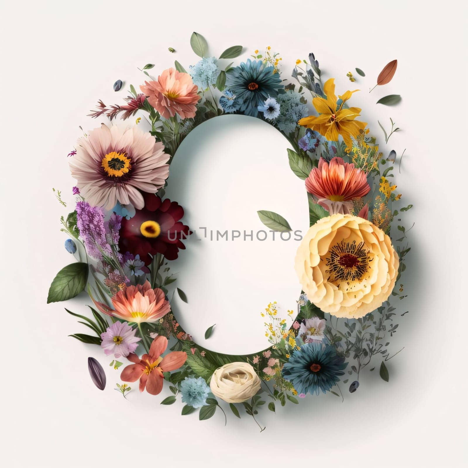 Graphic alphabet letters: Floral round frame with space for your text. Floral wreath with flowers.