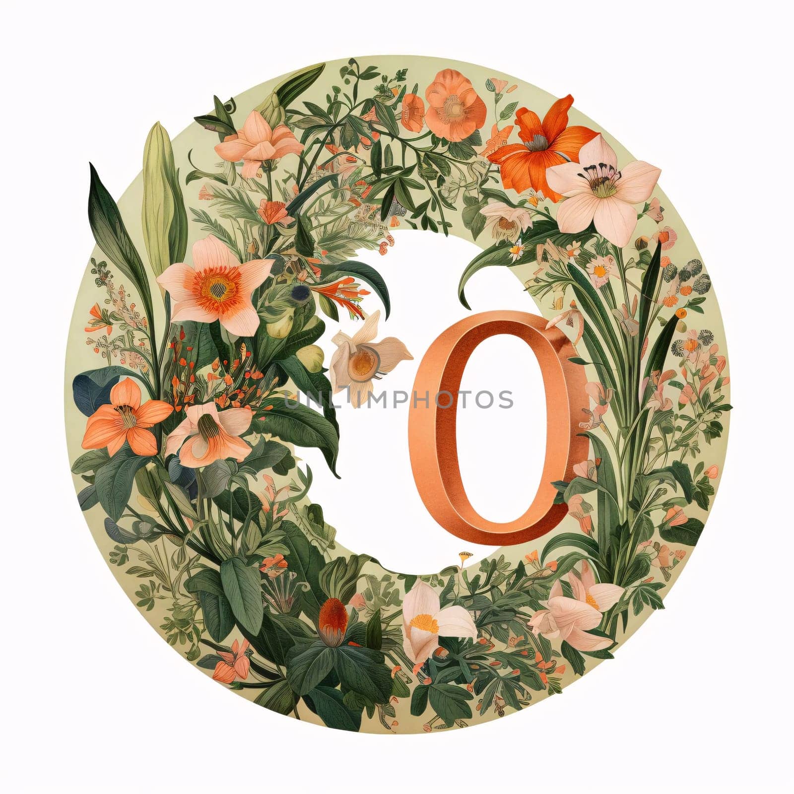 letter O with flowers and leaves in a round frame. Vector illustration. by ThemesS