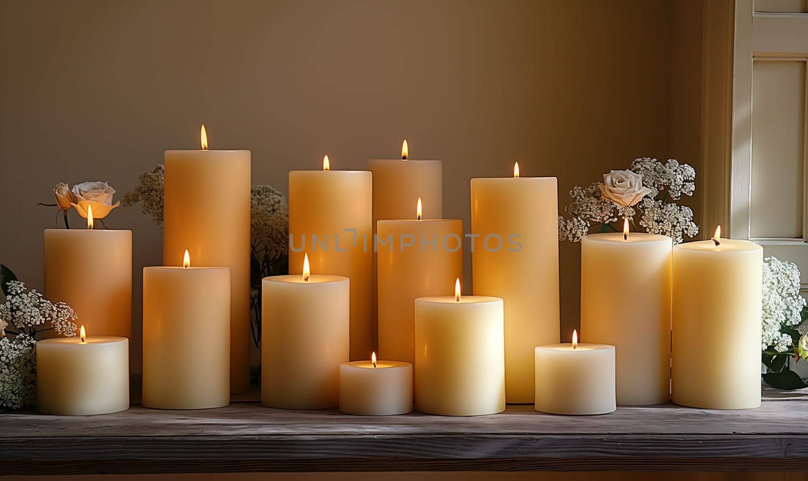 Group of White Candles on Wooden Table. Selective focus.