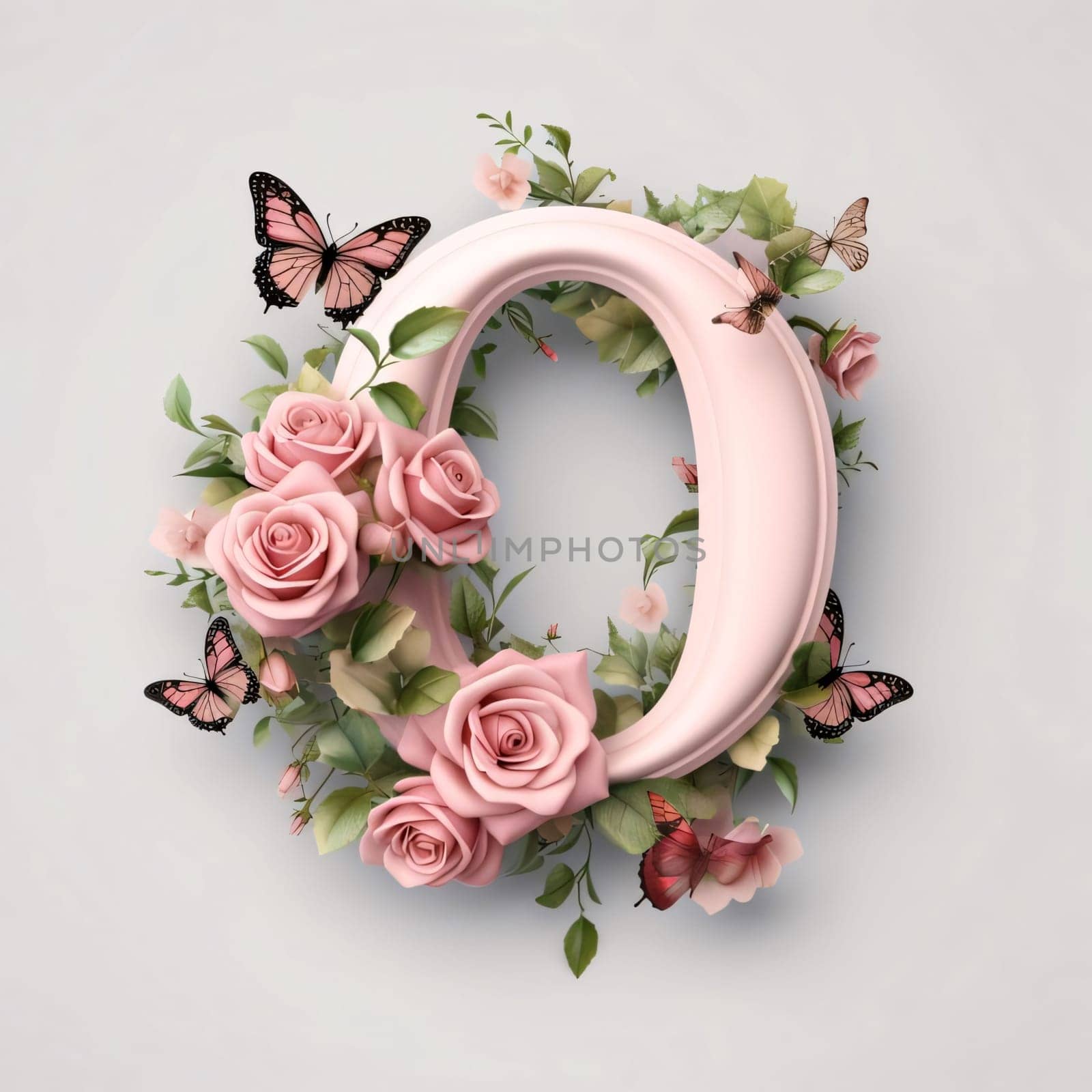 Graphic alphabet letters: Alphabet letter O with pink roses, butterflies and green leaves.