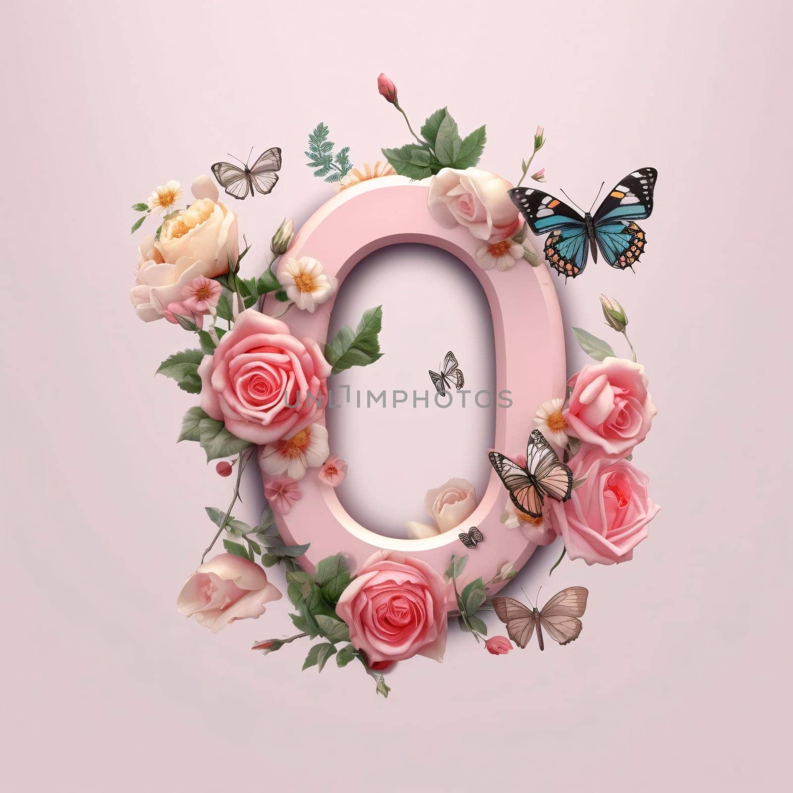 Graphic alphabet letters: Letter O decorated with pink roses and butterflies, 3d illustration.
