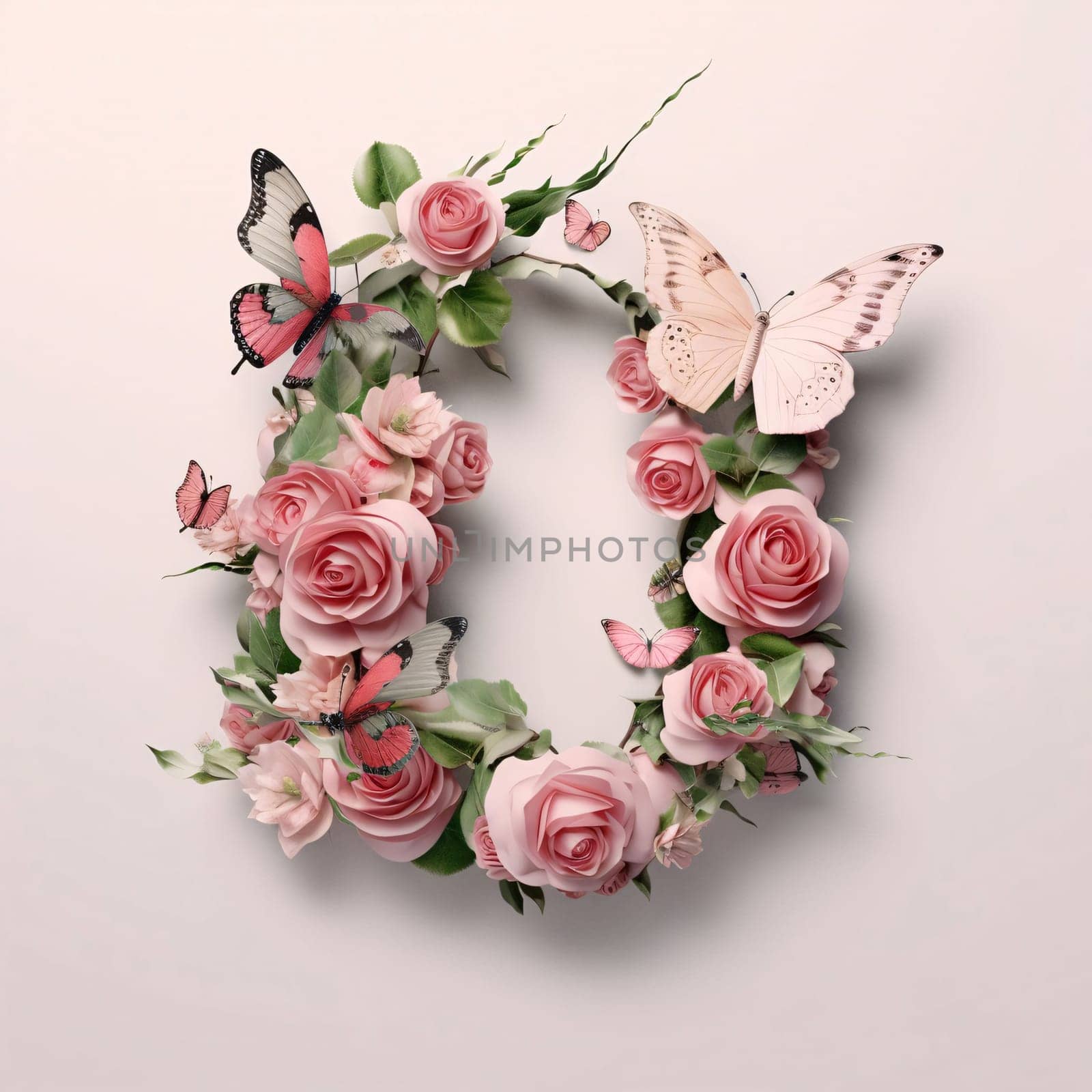 Letter O decorated with pink roses and butterflies. Floral alphabet. by ThemesS