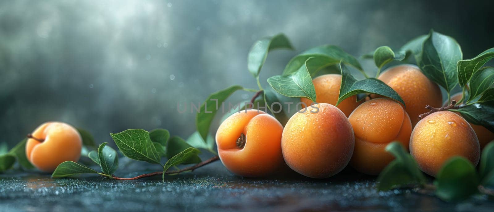 Ripe apricots on the table on a green background. by Fischeron