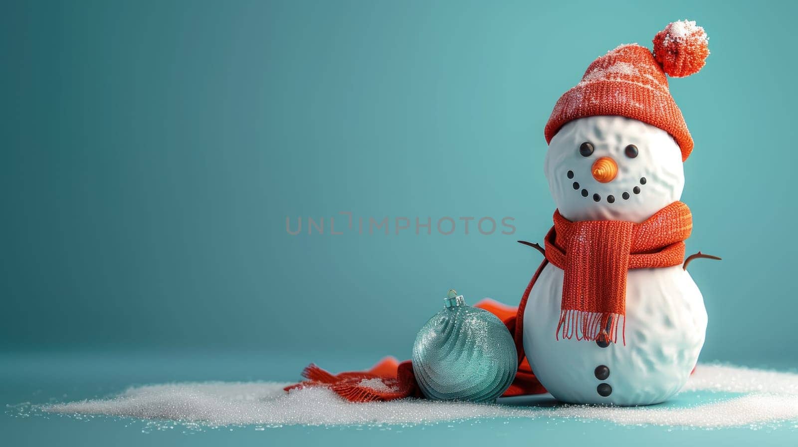 A snowman standing sideways on a solid background.