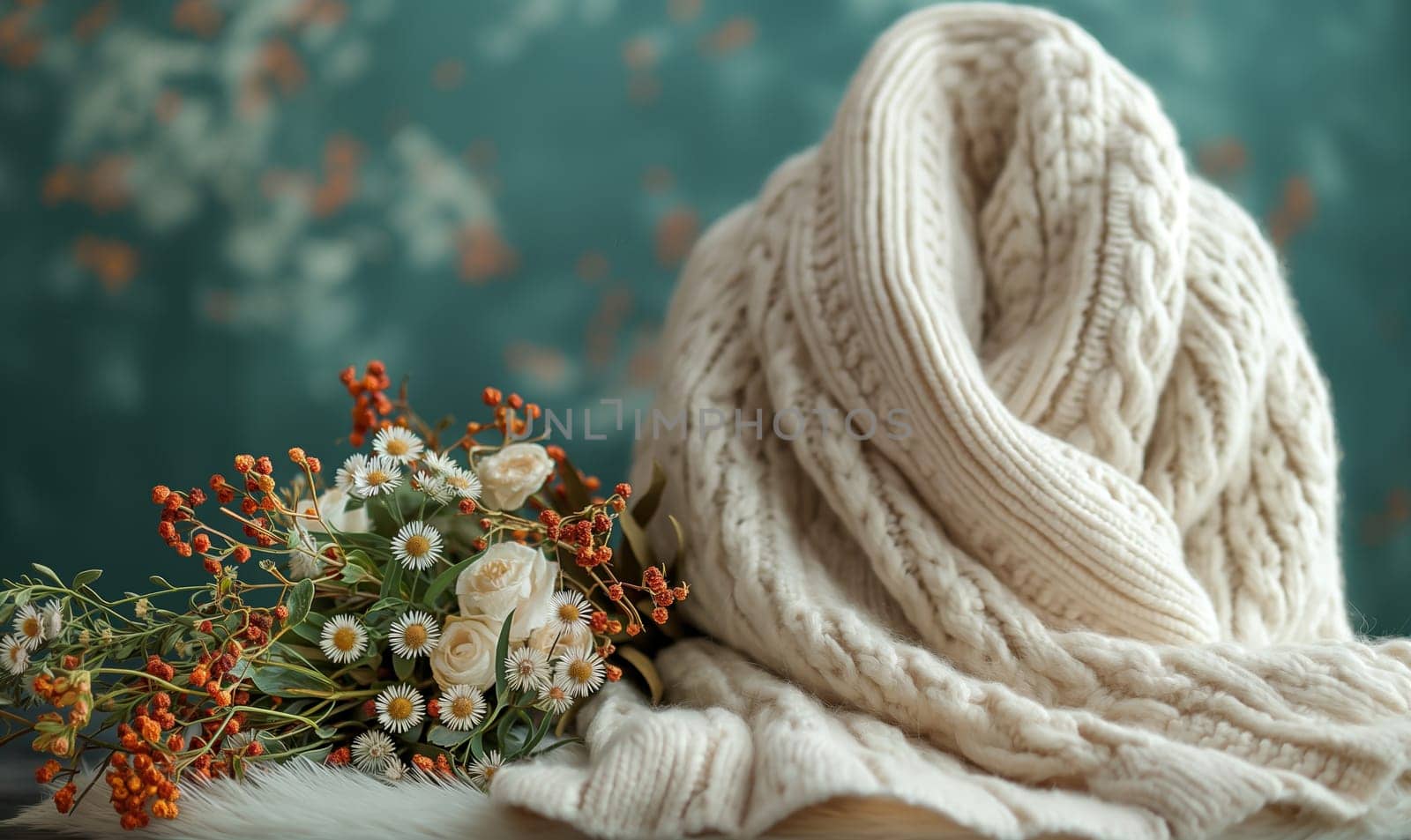 White knitted fabric on the table. Selective focus.