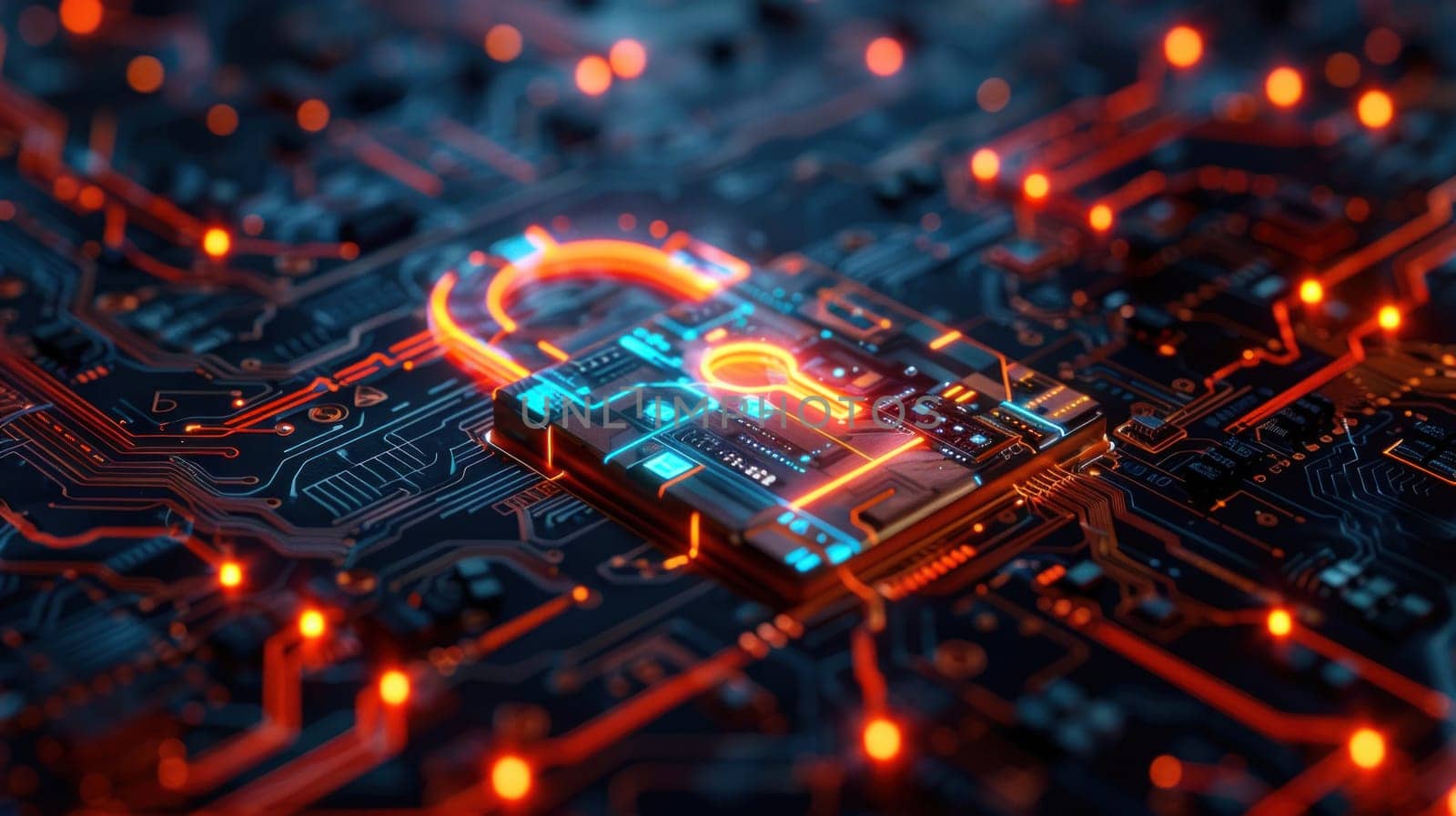 Glowing padlock on a digital circuit board. Concept cybersecurity and data protection..