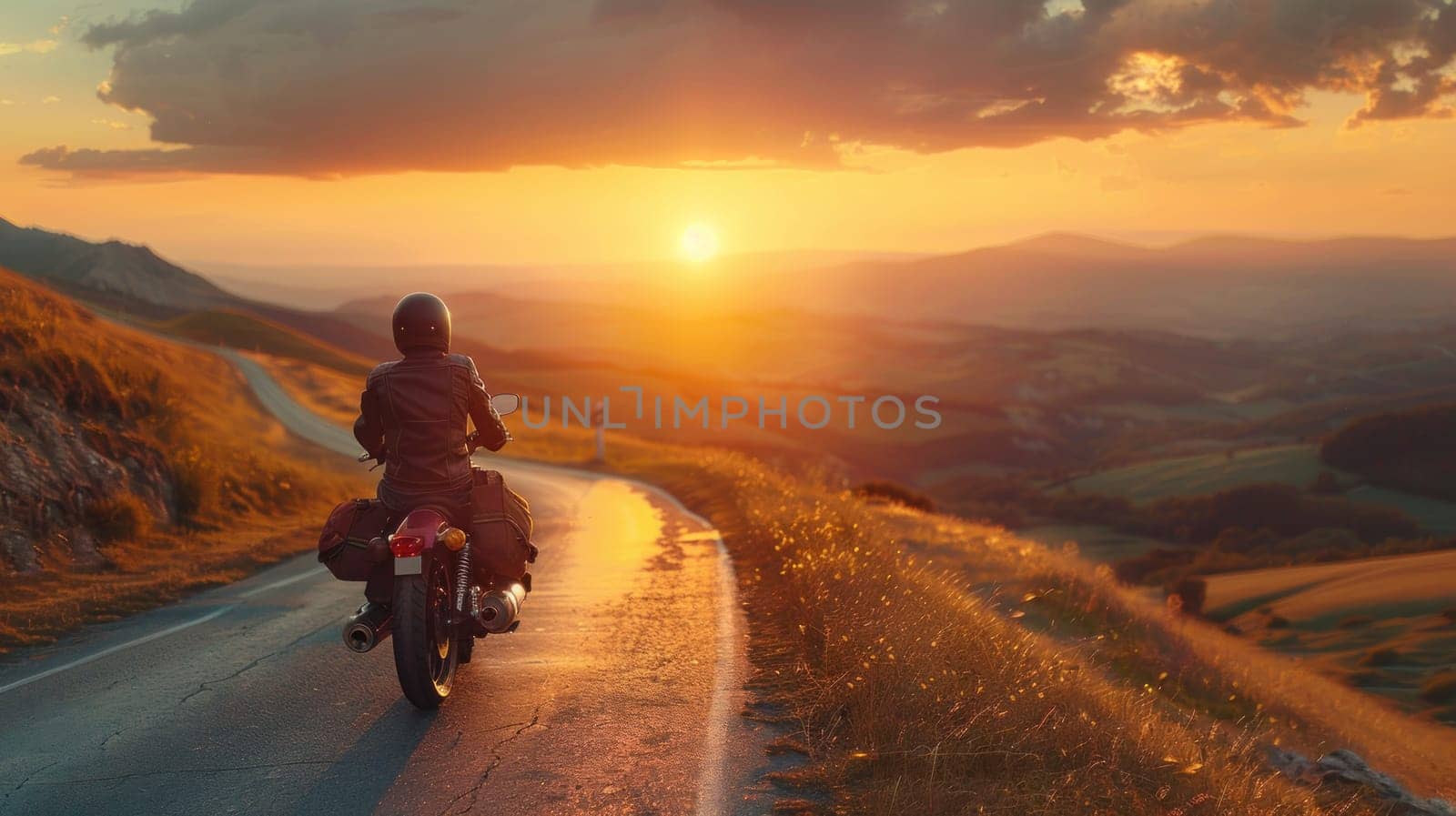 A motorcyclist taking a break on a winding country road.