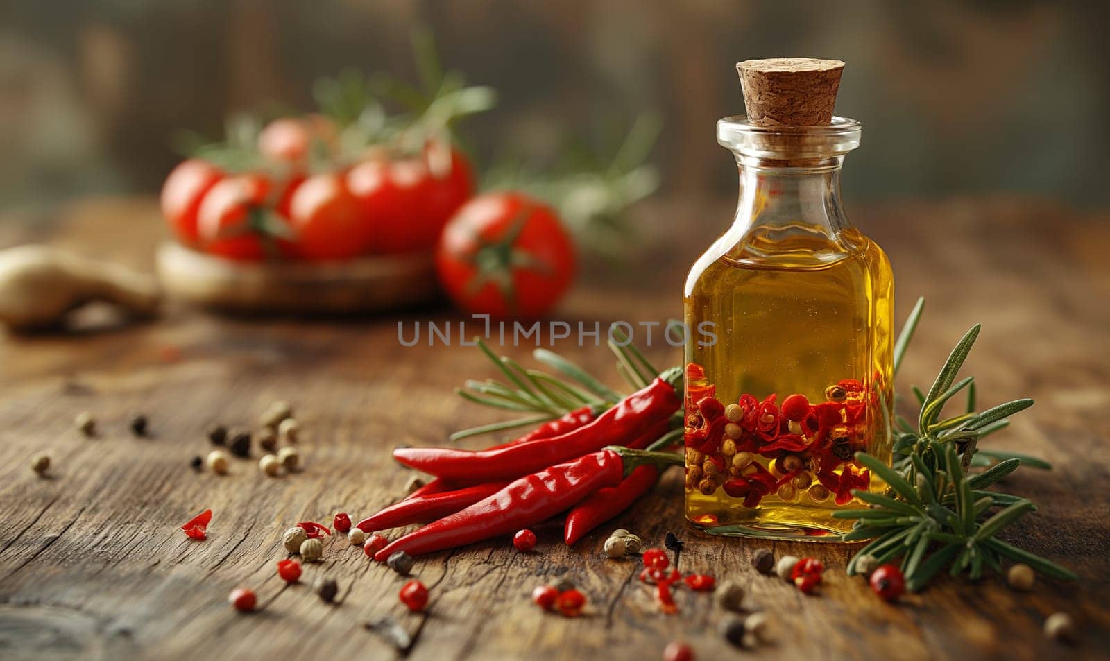 Bottle of Olive Oil and Spices on Wooden Table. by Fischeron