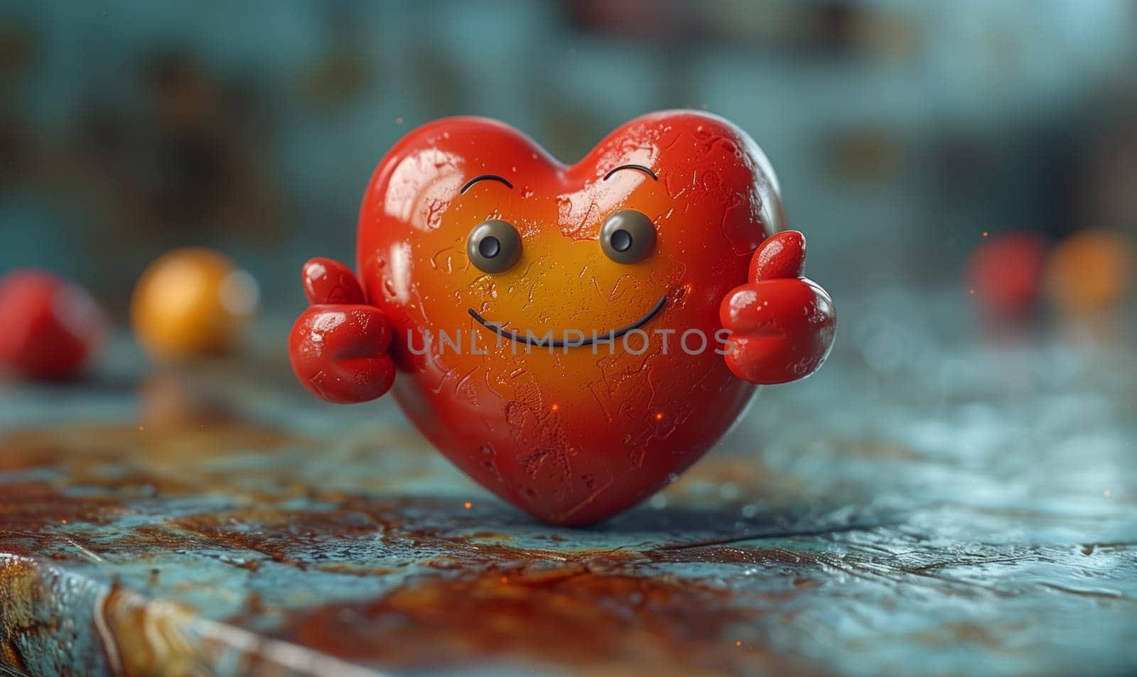 Cartoon, 3D, red heart shaped character. Selective focus.