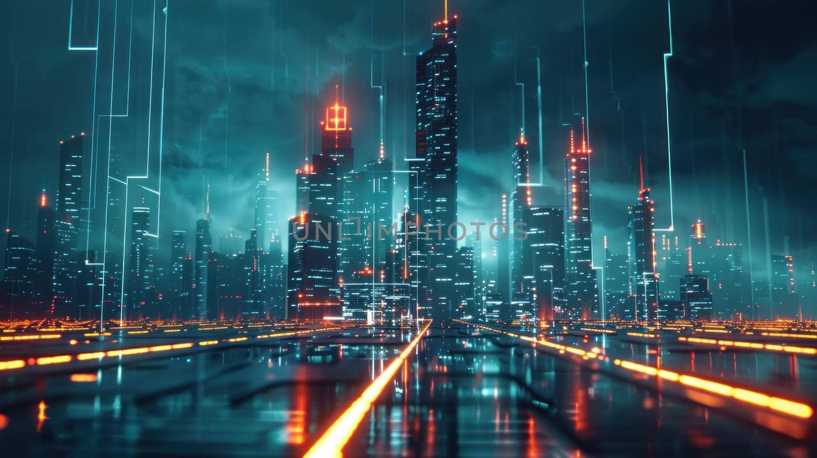 A digital background featuring a futuristic cityscape with glowing lines and data streams.