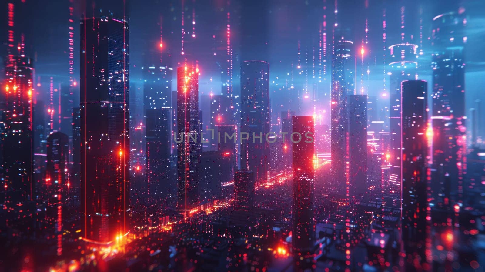 A digital background featuring a futuristic cityscape with glowing lines and data streams.