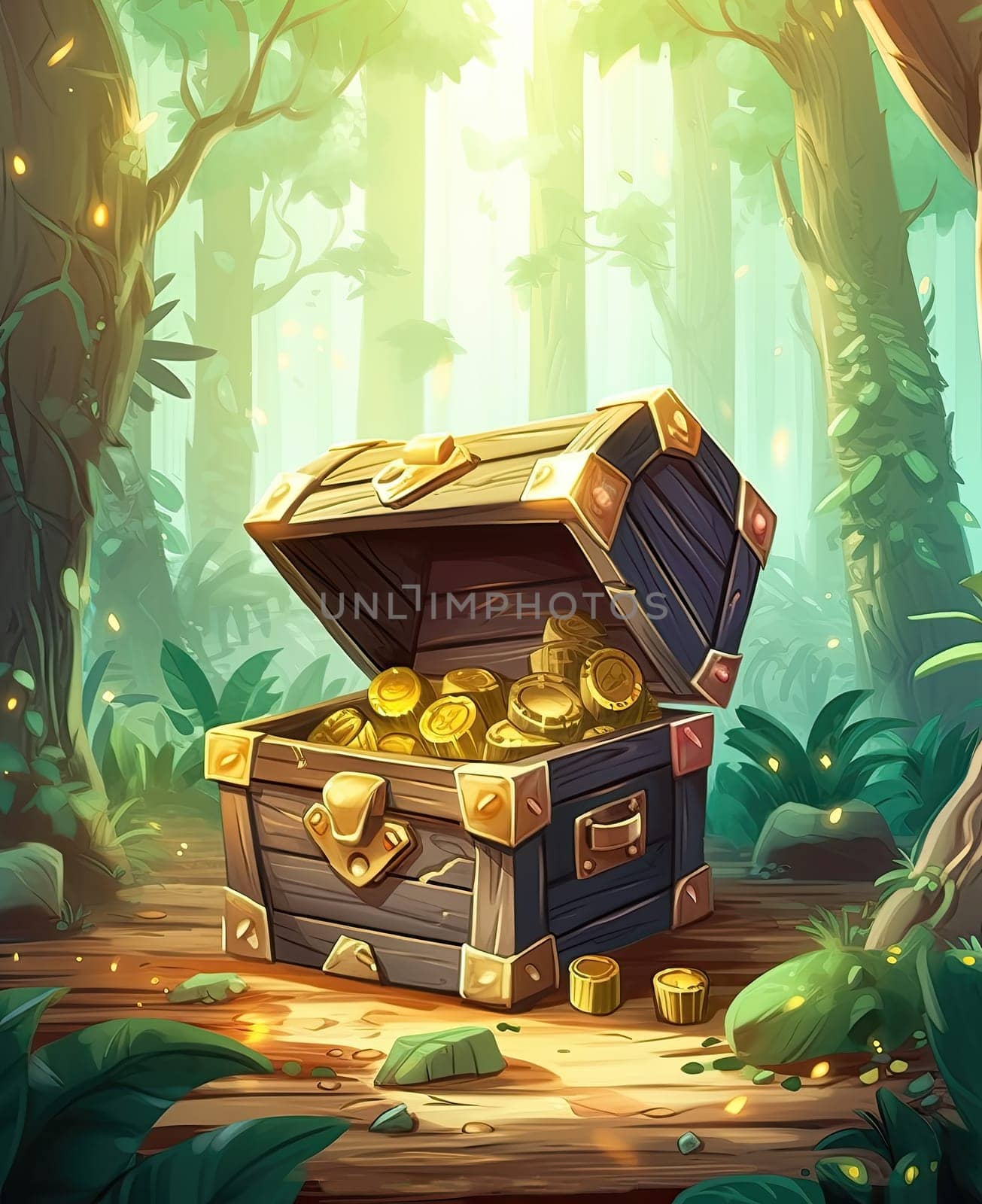 Illustration of a wooden chest in the forest. by Fischeron