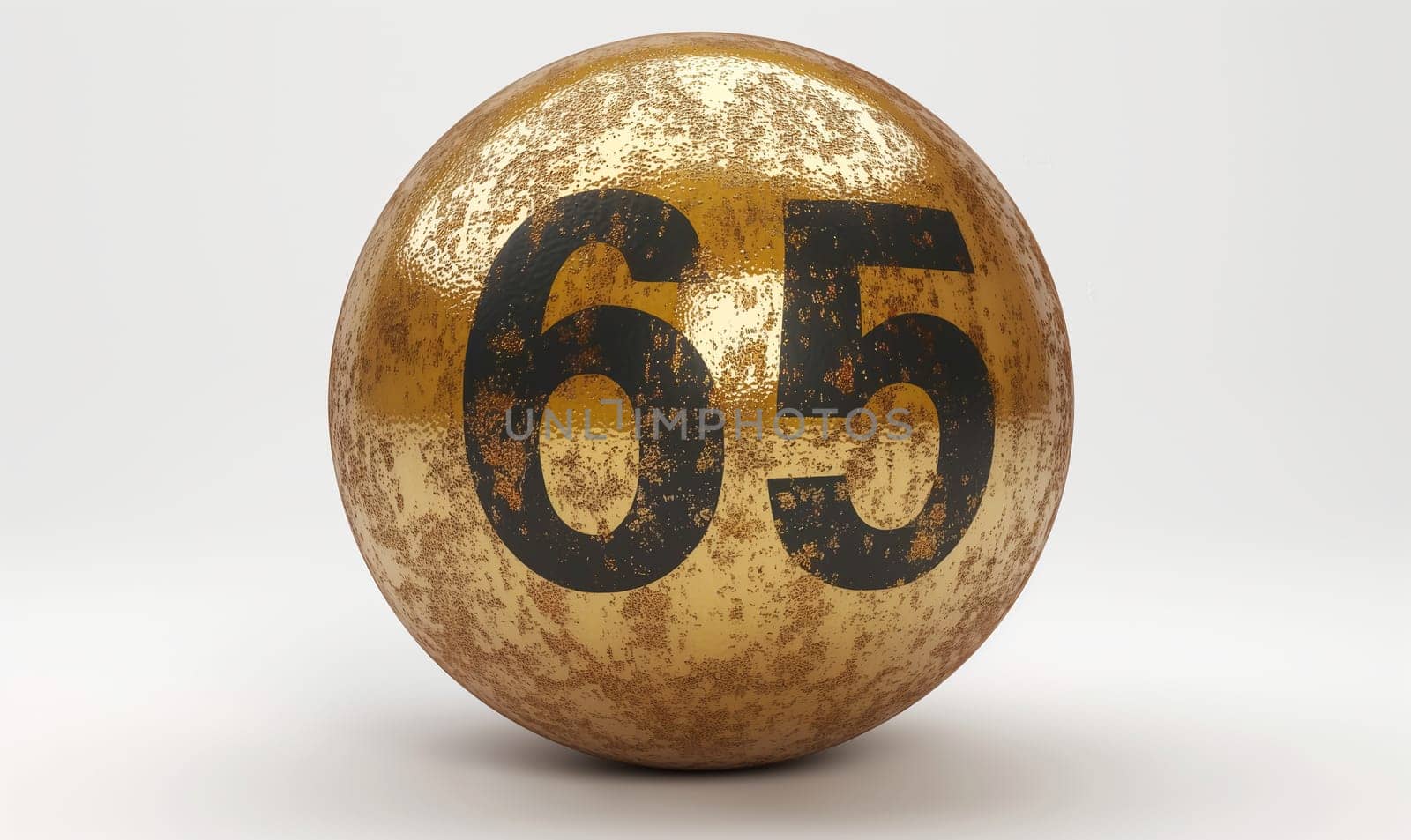 Golden ball with a number 65 on a white background. Selective focus.