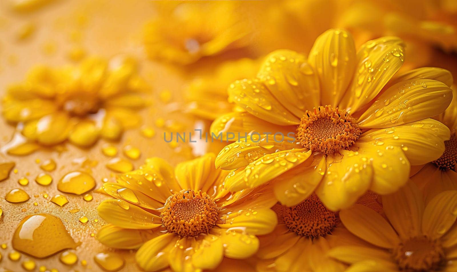 Yellow Flowers Adorned With Water Drops. by Fischeron