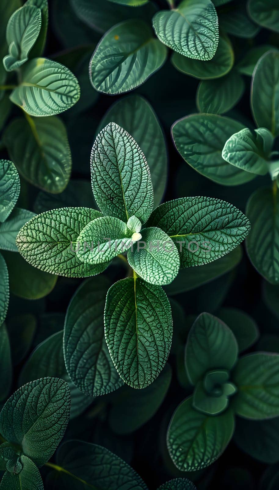 A closeup of a terrestrial plant with green leaves, possibly a subshrub or herb, set against a dark background showcasing its botany and texture