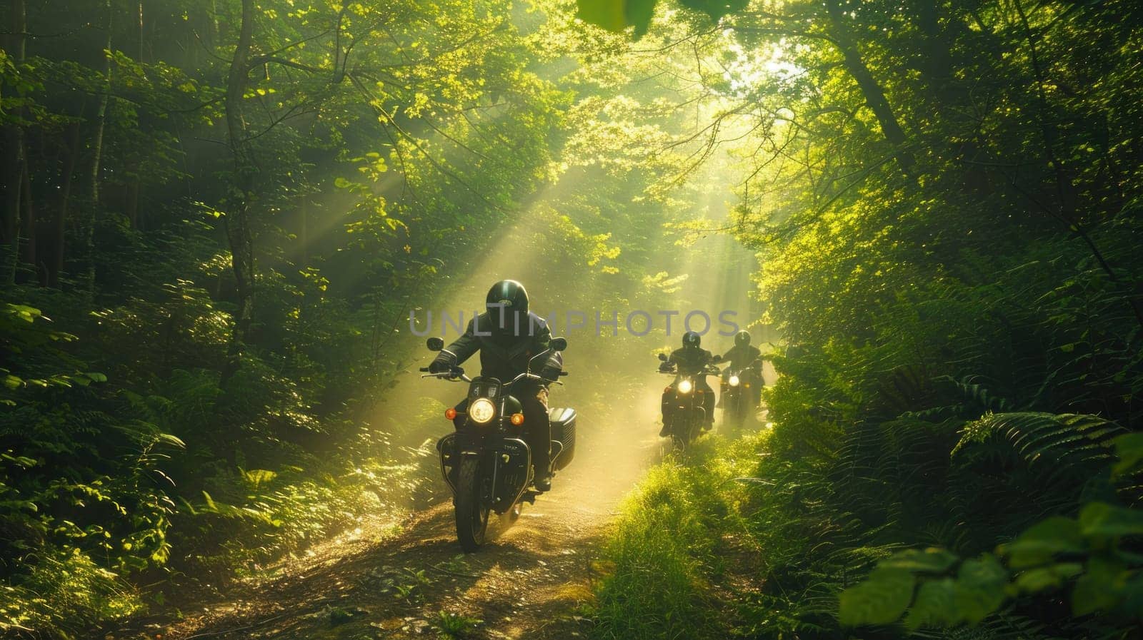 A group of motorcyclists riding through a forest trail.