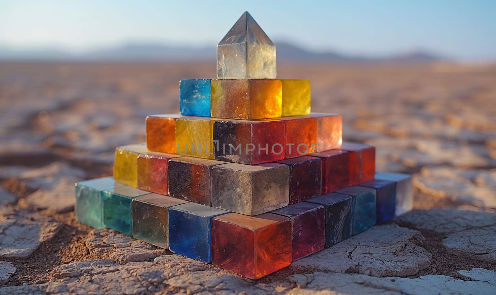 Colorful Cube Pyramid in Desert. Selective soft focus.