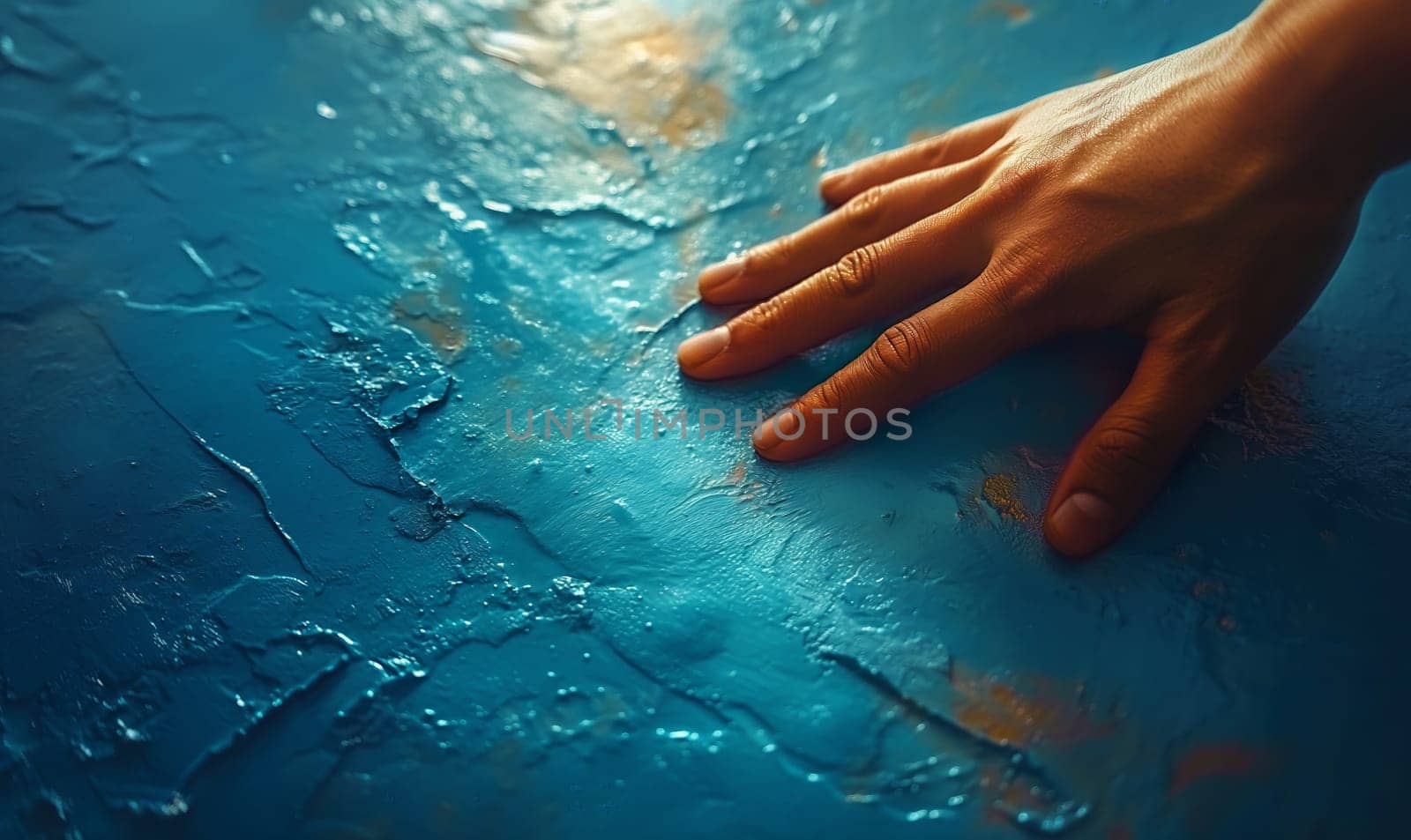 Mans Hand Touching Blue Wall. Selective soft focus.