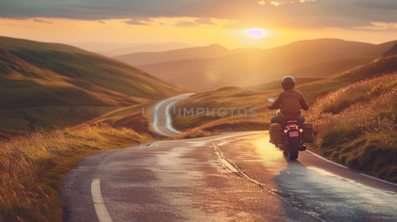A motorcyclist taking a break on a winding country road.