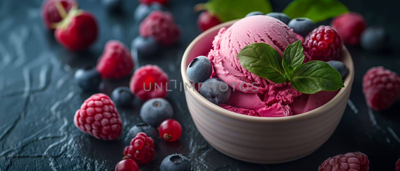 Ice cream with raspberries and blueberries. Selective focus.